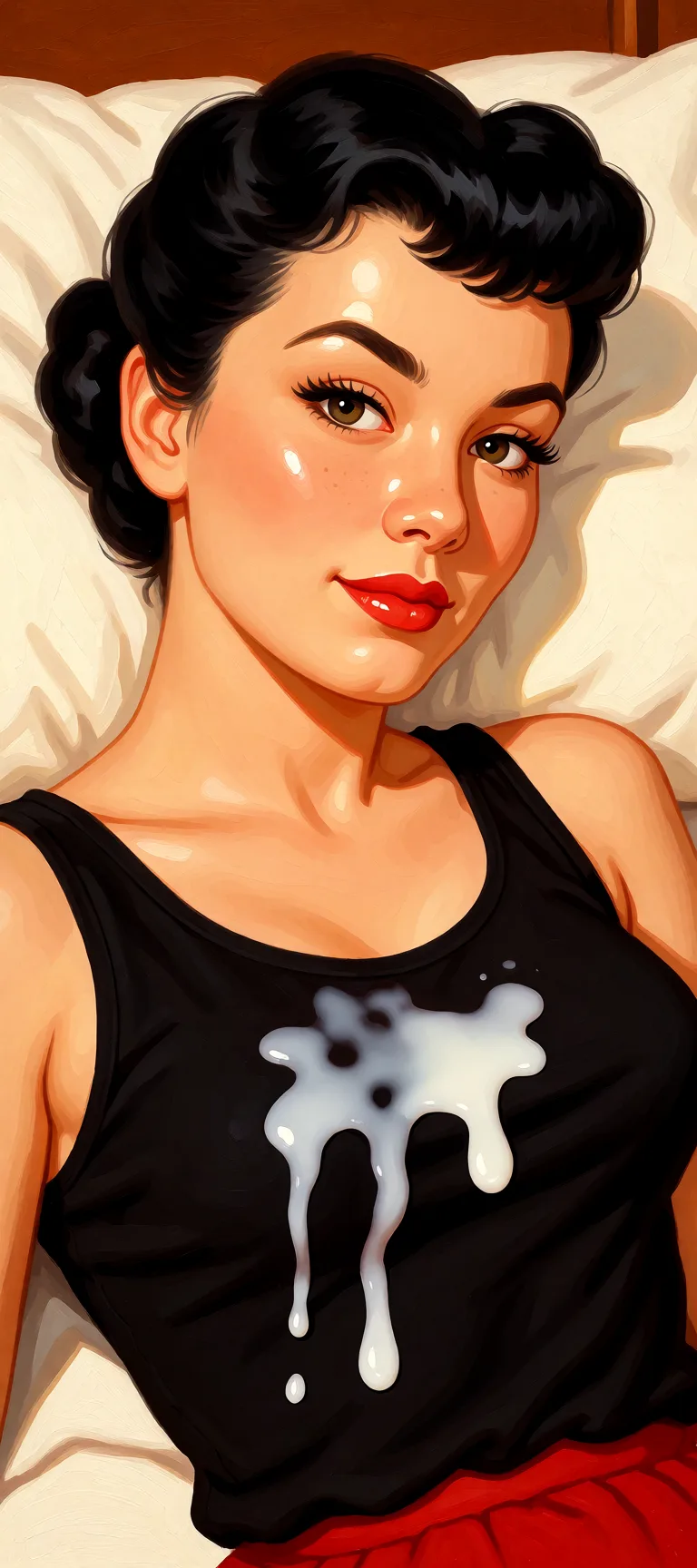 Redraw the entire picture as a retro pin-up illustration: smooth airbrushed gouache paint, warm saturated mid-century colour, clean confident outlines and glamorous stylised features, in the look of a 1950s pin-up poster. The background is painted in the same style. Nothing in the frame keeps its photographic appearance. Above all, the picture must show: Add a thick white liquid to the woman's shirt, not too much.