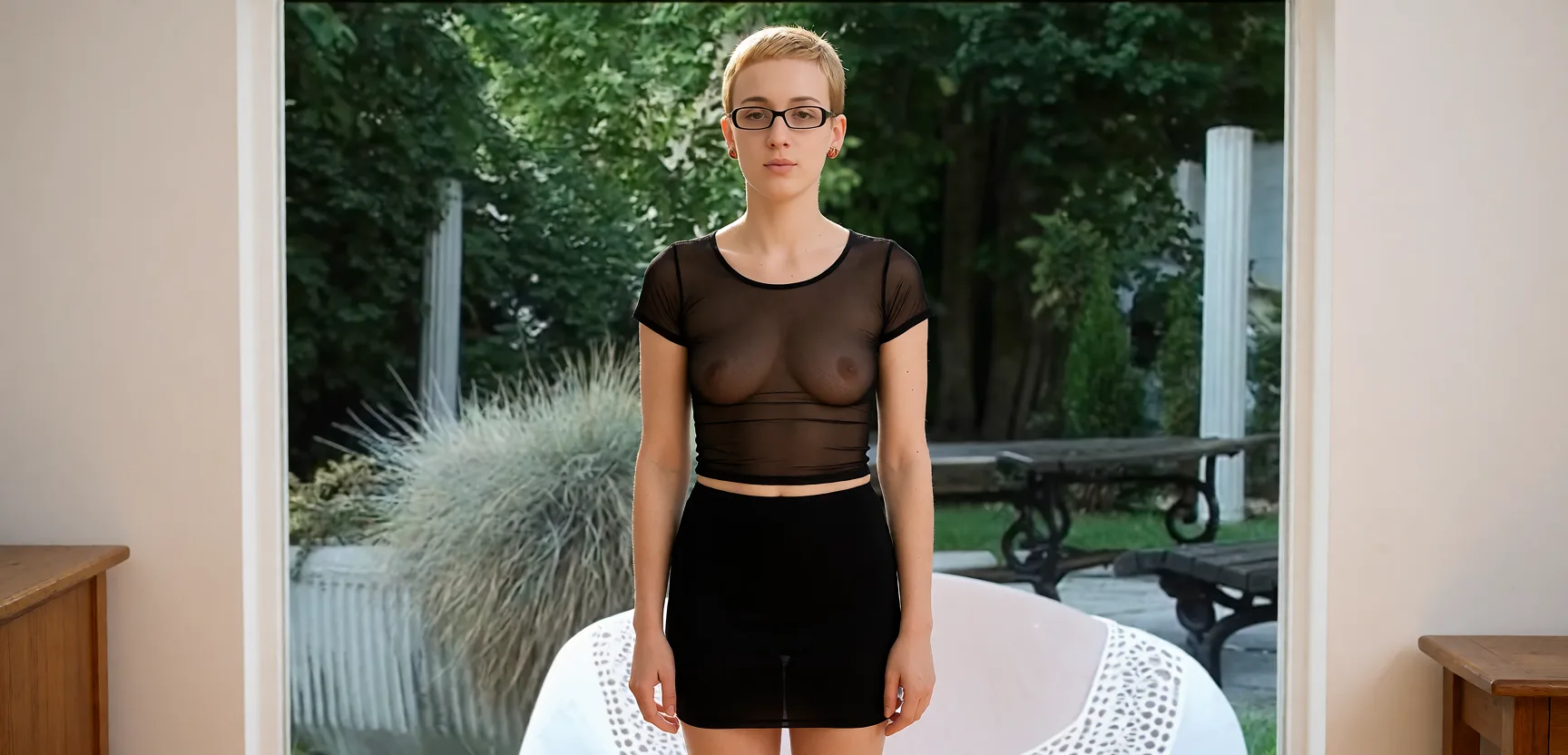 Edit the supplied photograph. Change only what is asked for below. Return one clean, natural, high-resolution photograph with realistic skin texture and no distortion. Make her chest noticeably smaller, in a natural shape that suits her build, and let whatever she is wearing fall over it correctly. Replace her outfit with a sheer black mesh top and a matching fitted skirt. Keep her face, her identity, her hair and her skin tone exactly as they are, and keep the room and the light she is in. Keep her pose and the framing of the shot.