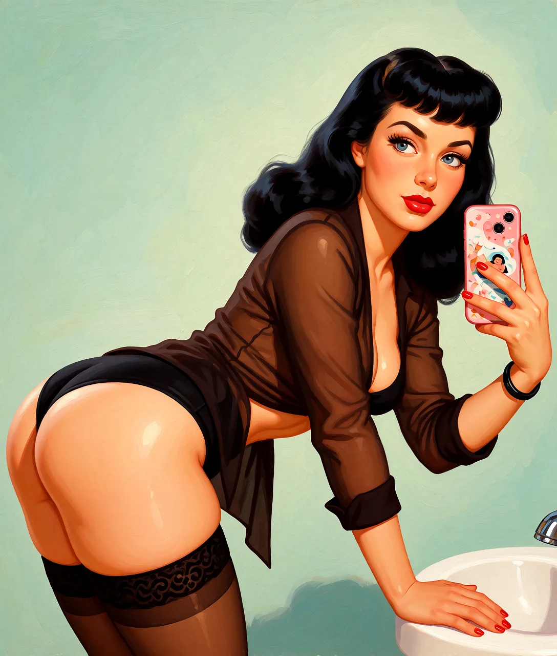 Redraw the entire picture as a retro pin-up illustration: smooth airbrushed gouache paint, warm saturated mid-century colour, clean confident outlines and glamorous stylised features, in the look of a 1950s pin-up poster. The background is painted in the same style. Nothing in the frame keeps its photographic appearance. Above all, the picture must show: She's looking_back bent_over with a big ass thigh_strap thighhighs.