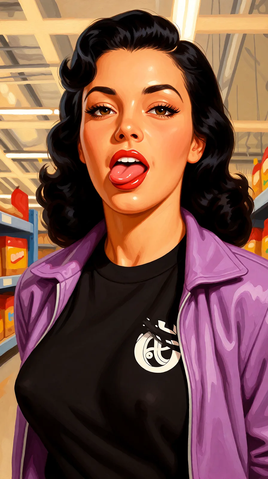 Redraw the entire picture as a retro pin-up illustration: smooth airbrushed gouache paint, warm saturated mid-century colour, clean confident outlines and glamorous stylised features, in the look of a 1950s pin-up poster. The background is painted in the same style. Nothing in the frame keeps its photographic appearance. Above all, the picture must show: i want to be able to see her breasts and she has dark nipples.