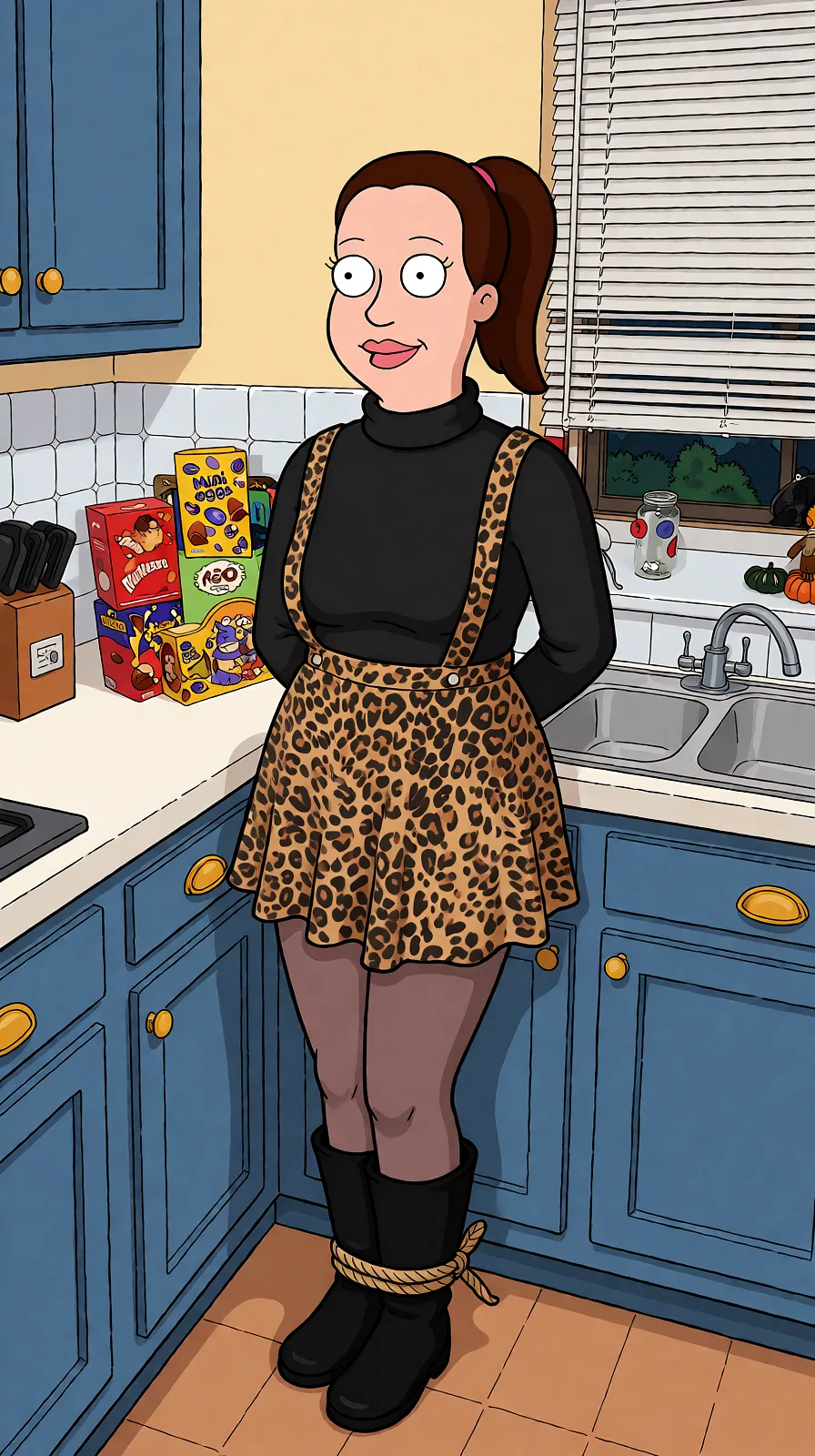 Redraw the entire picture as a western animated cartoon cel: thick even outlines, flat bright blocks of colour, simplified rounded shapes and hard-edged shadows, in the look of a television cartoon rather than of a camera. Keep the woman's adult proportions and adult figure exactly as they are; only the drawing style changes. The background is drawn in the same style. Nothing in the frame keeps its photographic appearance. Above all, the picture must show: hands behind back tied ankles.