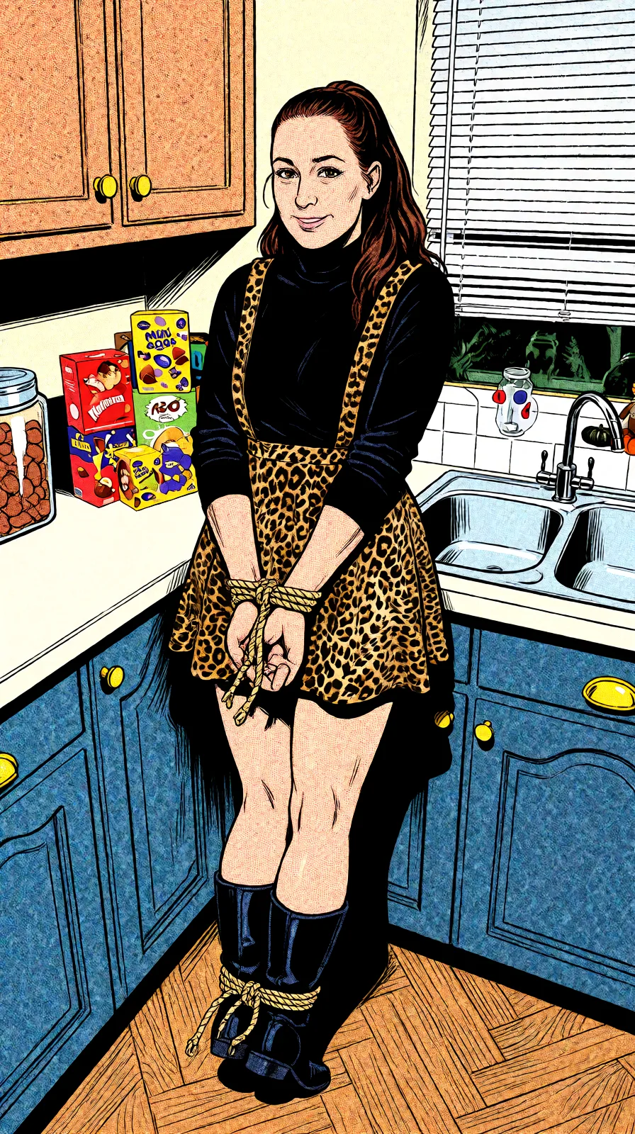 Redraw the entire picture as western comic-book art: heavy black inked outlines, hard-edged cel shading, limited high-contrast colour and visible halftone dot texture. The background is drawn in the same style. Nothing in the frame keeps its photographic appearance. Above all, the picture must show: hand tied behind back ankles tied together.