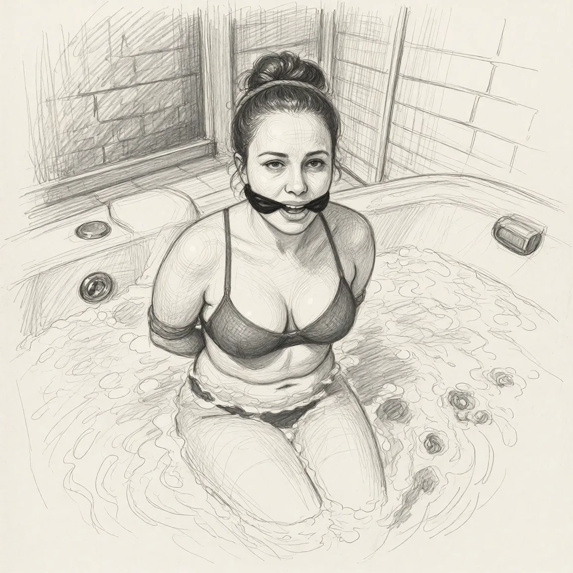 Redraw the entire picture as a hand-drawn graphite sketch on off-white paper: visible pencil strokes, cross-hatched shading, loose construction lines and no colour beyond the grey of the pencil and the tone of the paper. The background is drawn in the same style. Nothing in the frame keeps its photographic appearance. Above all, the picture must show: tied up and gagged.
