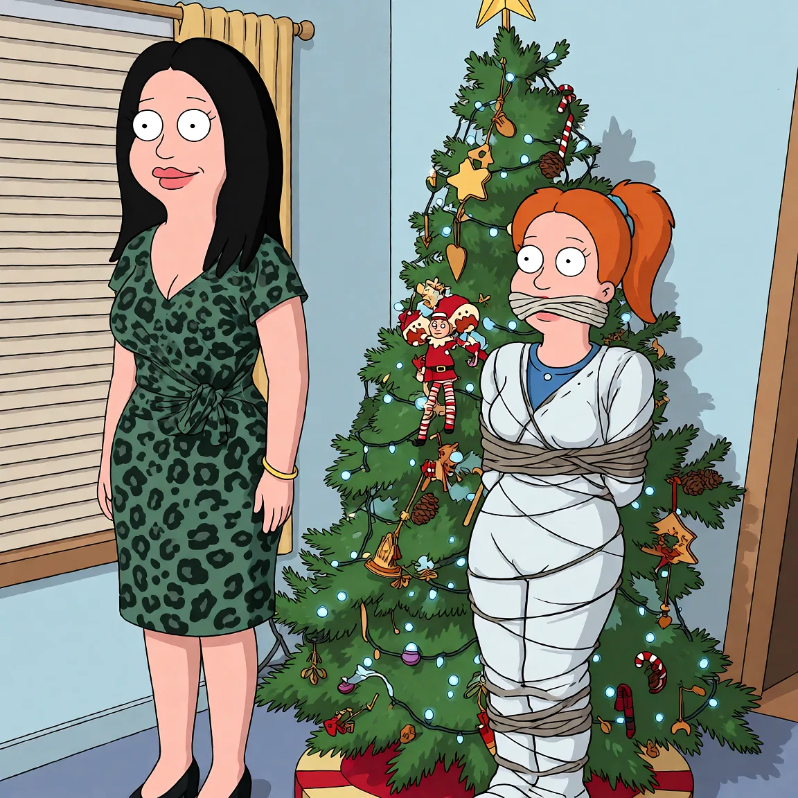 Redraw the entire picture as a western animated cartoon cel: thick even outlines, flat bright blocks of colour, simplified rounded shapes and hard-edged shadows, in the look of a television cartoon rather than of a camera. Keep the woman's adult proportions and adult figure exactly as they are; only the drawing style changes. The background is drawn in the same style. Nothing in the frame keeps its photographic appearance. Above all, the picture must show: tied up and gagged as a xmass pressent.