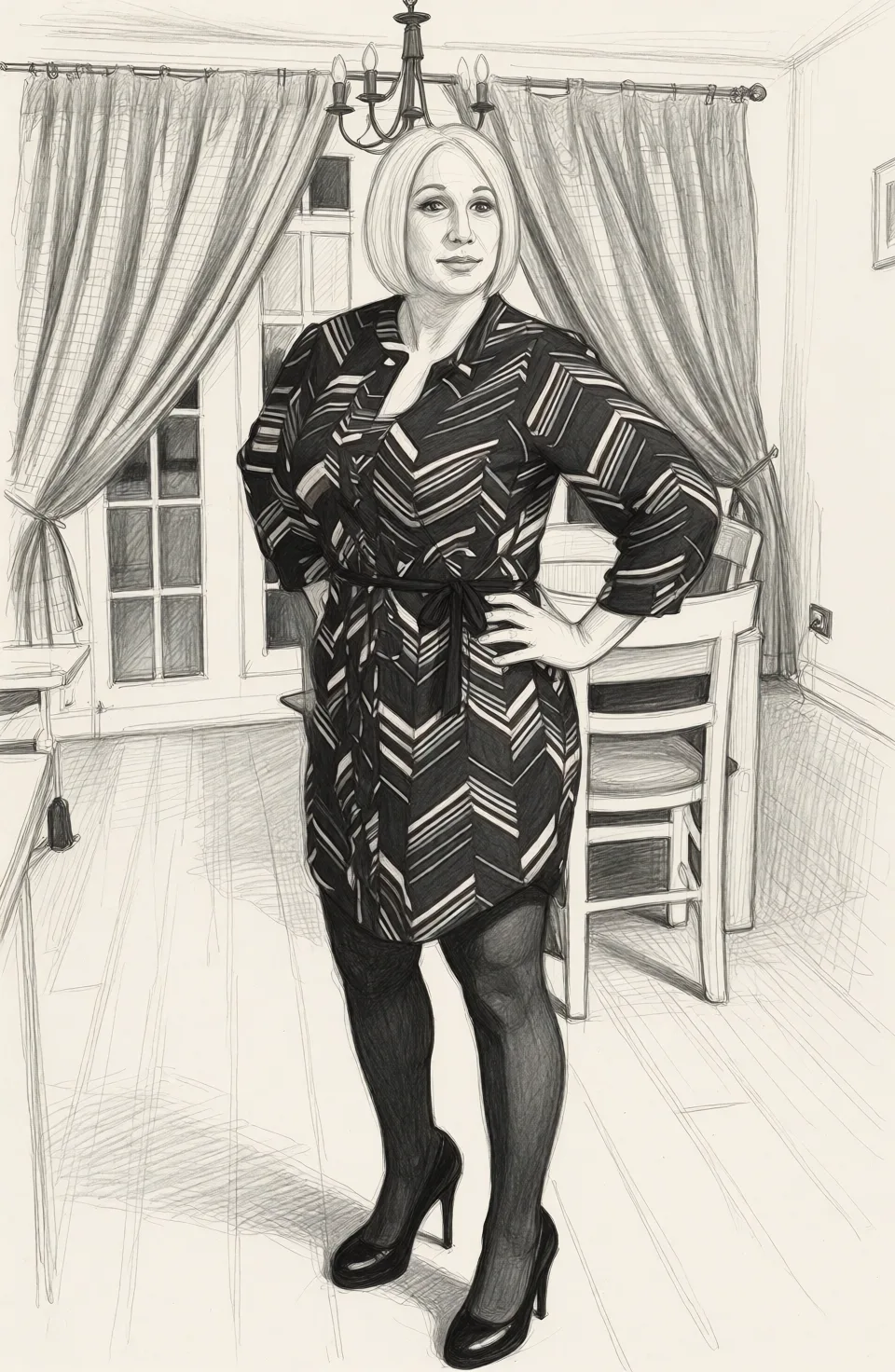 Redraw the entire picture as a hand-drawn graphite sketch on off-white paper: visible pencil strokes, cross-hatched shading, loose construction lines and no colour beyond the grey of the pencil and the tone of the paper. The background is drawn in the same style. Nothing in the frame keeps its photographic appearance. Above all, the picture must show: tied to a chair.