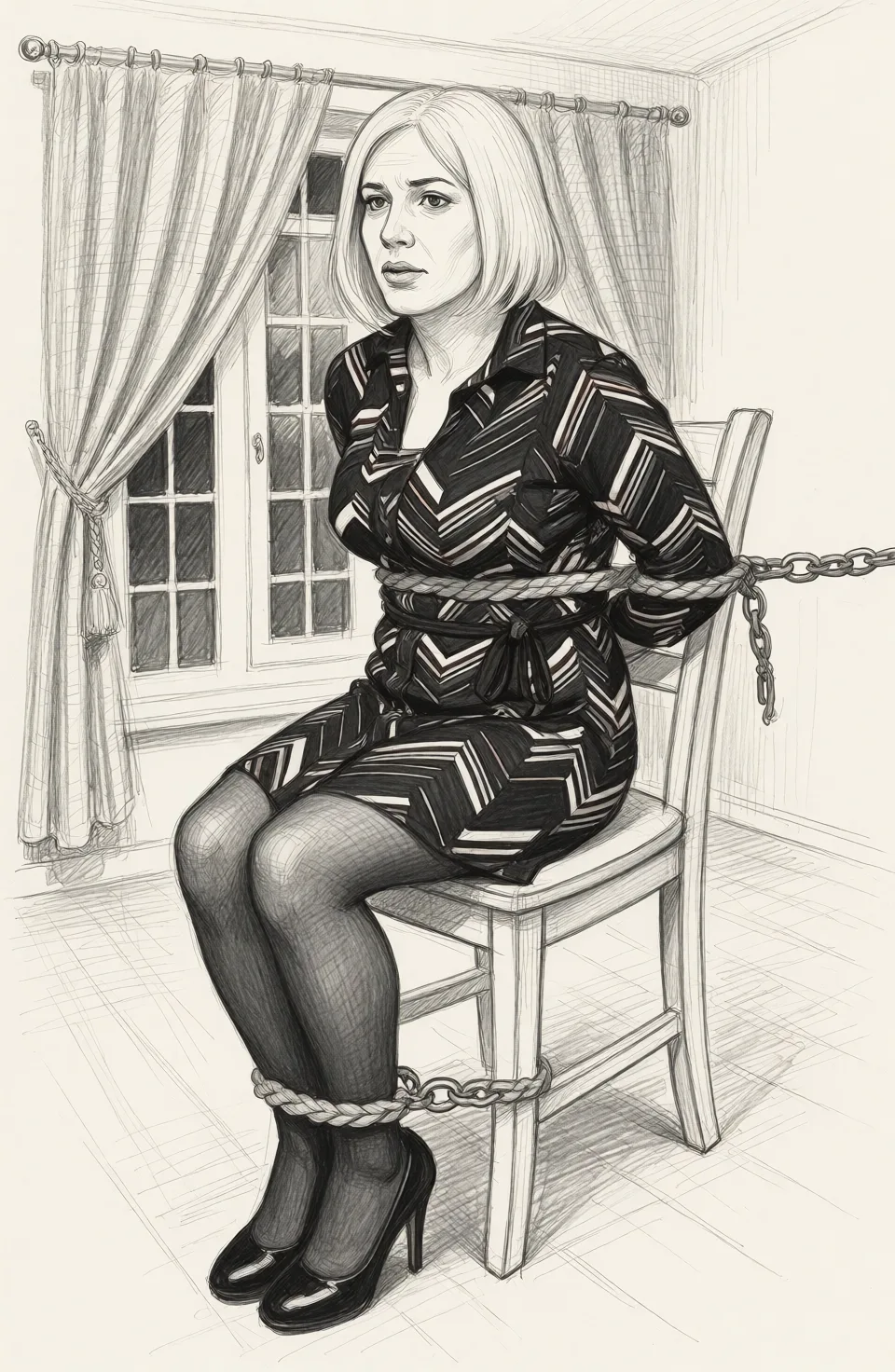 Redraw the entire picture as a hand-drawn graphite sketch on off-white paper: visible pencil strokes, cross-hatched shading, loose construction lines and no colour beyond the grey of the pencil and the tone of the paper. The background is drawn in the same style. Nothing in the frame keeps its photographic appearance. Above all, the picture must show: tied up and gagged to a chair.
