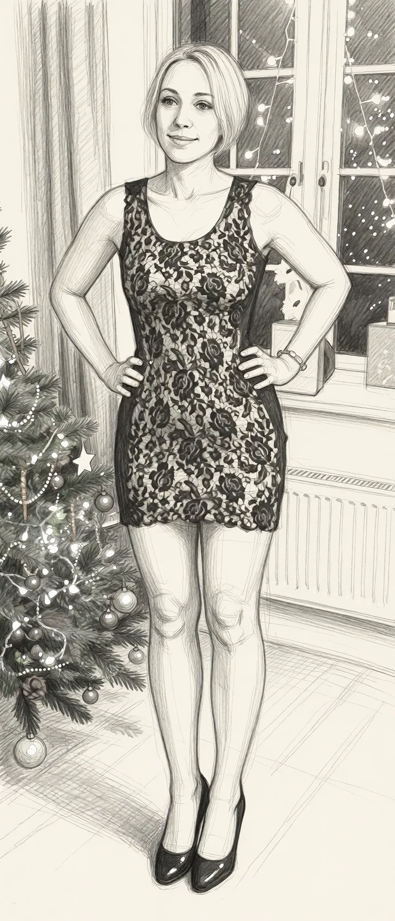 Redraw the entire picture as a hand-drawn graphite sketch on off-white paper: visible pencil strokes, cross-hatched shading, loose construction lines and no colour beyond the grey of the pencil and the tone of the paper. The background is drawn in the same style. Nothing in the frame keeps its photographic appearance. Above all, the picture must show: tied up like an xmass pressent.