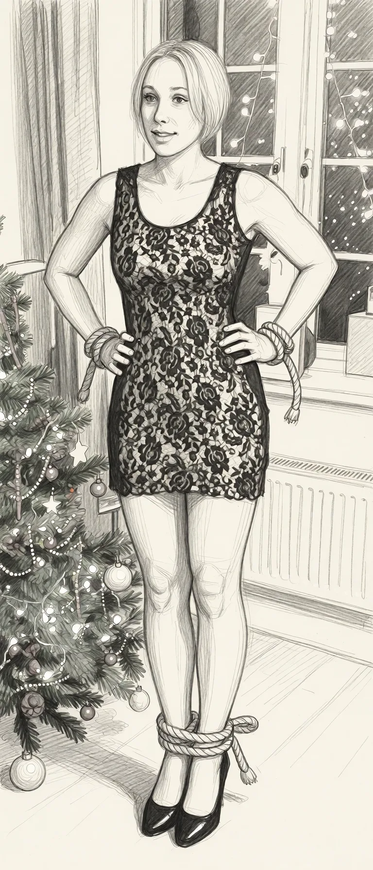 Redraw the entire picture as a hand-drawn graphite sketch on off-white paper: visible pencil strokes, cross-hatched shading, loose construction lines and no colour beyond the grey of the pencil and the tone of the paper. The background is drawn in the same style. Nothing in the frame keeps its photographic appearance. Above all, the picture must show: hands and feet tied with rope.