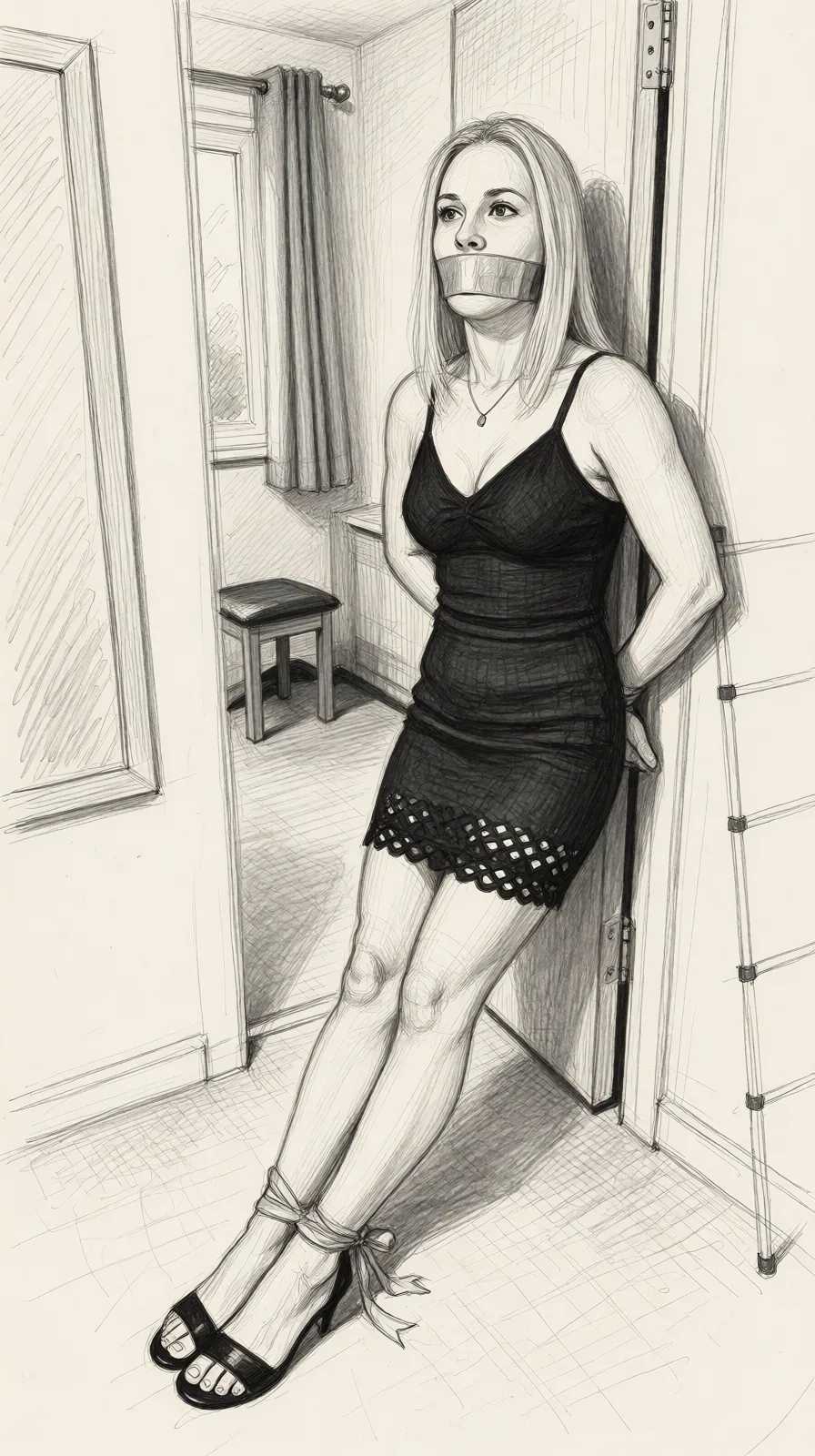 Redraw the entire picture as a hand-drawn graphite sketch on off-white paper: visible pencil strokes, cross-hatched shading, loose construction lines and no colour beyond the grey of the pencil and the tone of the paper. The background is drawn in the same style. Nothing in the frame keeps its photographic appearance. Above all, the picture must show: hands tied behind back ankles tied with ribbon sat on the floor gagged with tape over mouth.