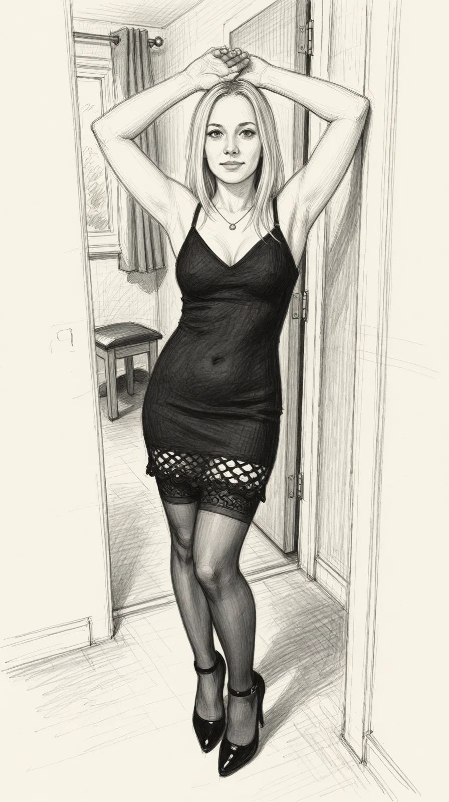 Redraw the entire picture as a hand-drawn graphite sketch on off-white paper: visible pencil strokes, cross-hatched shading, loose construction lines and no colour beyond the grey of the pencil and the tone of the paper. The background is drawn in the same style. Nothing in the frame keeps its photographic appearance. Above all, the picture must show: hands pinned above her head wearing stockings and heel naked.