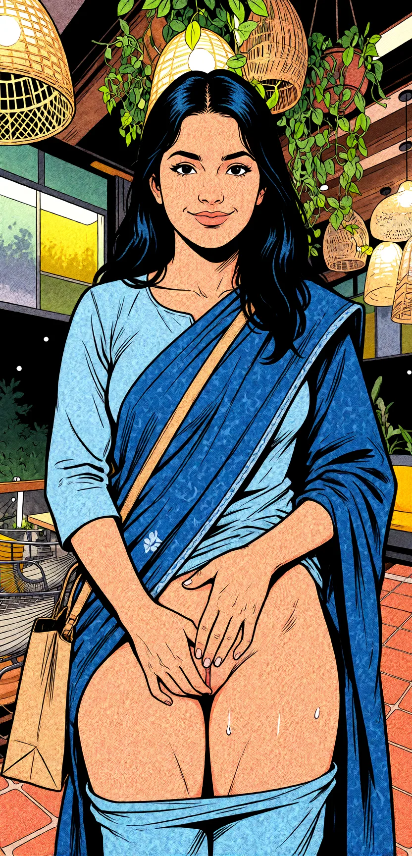Redraw the entire picture as western comic-book art: heavy black inked outlines, hard-edged cel shading, limited high-contrast colour and visible halftone dot texture. The background is drawn in the same style. Nothing in the frame keeps its photographic appearance. Above all, the picture must show: Fingering her pussy hardly.