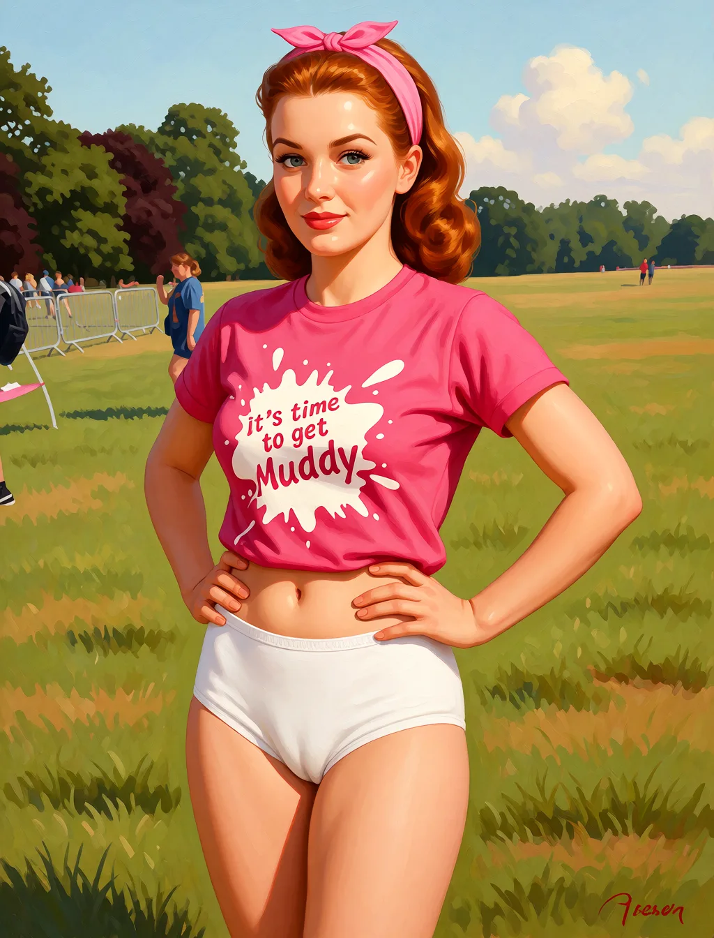 Redraw the entire picture as a retro pin-up illustration: smooth airbrushed gouache paint, warm saturated mid-century colour, clean confident outlines and glamorous stylised features, in the look of a 1950s pin-up poster. The background is painted in the same style. Nothing in the frame keeps its photographic appearance. Above all, the picture must show: nothing but white cotton underwear.