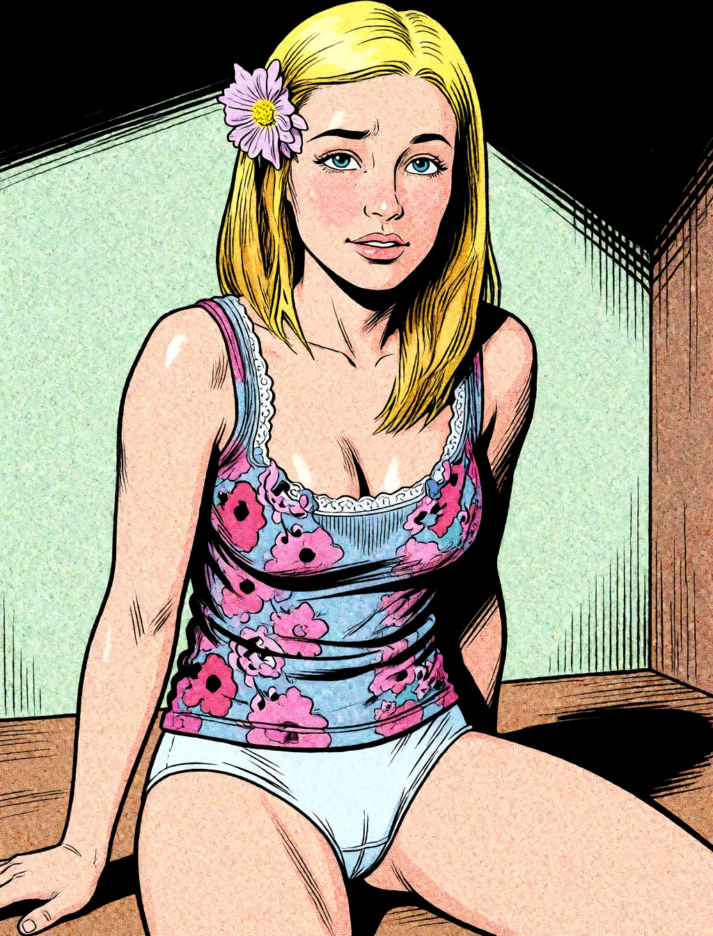 Redraw the entire picture as western comic-book art: heavy black inked outlines, hard-edged cel shading, limited high-contrast colour and visible halftone dot texture. The background is drawn in the same style. Nothing in the frame keeps its photographic appearance. Above all, the picture must show: sitting no_panties.