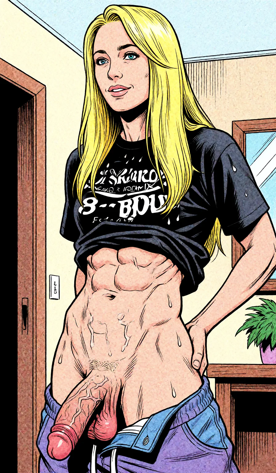 Redraw the entire picture as western comic-book art: heavy black inked outlines, hard-edged cel shading, limited high-contrast colour and visible halftone dot texture. The background is drawn in the same style. Nothing in the frame keeps its photographic appearance. Above all, the picture must show: veiny_penis absurdly_long_hair pants down.