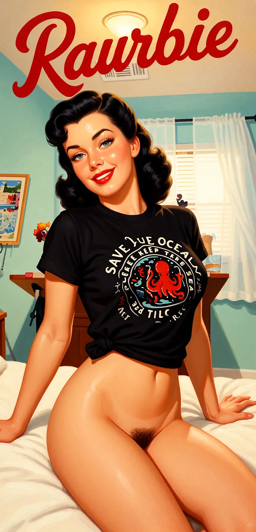 Redraw the entire picture as a retro pin-up illustration: smooth airbrushed gouache paint, warm saturated mid-century colour, clean confident outlines and glamorous stylised features, in the look of a 1950s pin-up poster. The background is painted in the same style. Nothing in the frame keeps its photographic appearance. Above all, the picture must show: Nude.
