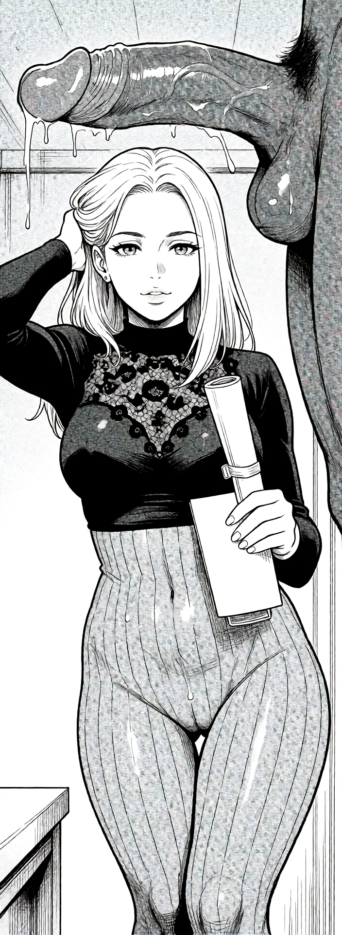 Redraw the entire picture as a black and white manga page: crisp black ink line art, no colour anywhere, flat halftone screentone shading, hatched shadows and clean white highlights, in the look of a printed manga panel. The background is drawn in the same style. Nothing in the frame keeps its photographic appearance. Above all, the picture must show: fucked doggystile by huge dick black futa.