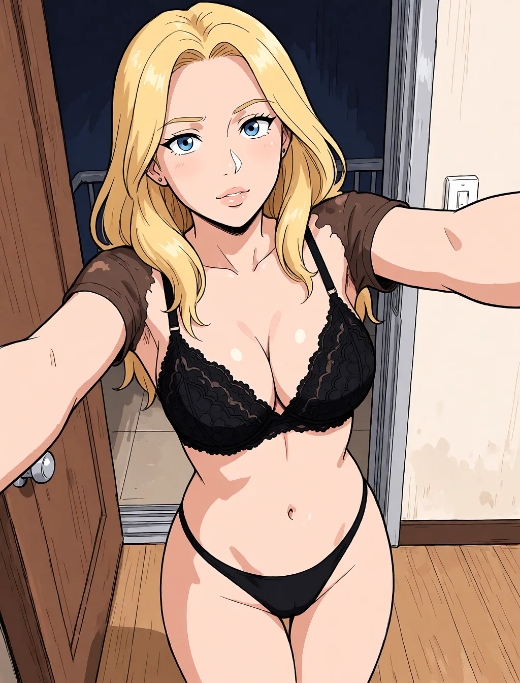 Redraw the entire picture as a hand-drawn anime illustration in flat cel-shaded anime style. It stays the same person with the same face, the same expression, the same hair and the same skin tone, and every other detail of the photograph is kept exactly as it is: nothing is added, removed, moved, uncovered or recoloured. Only the medium changes, and no part of the picture is left photographic. Above all, the picture must show: wearing black thong and lacey black bra.