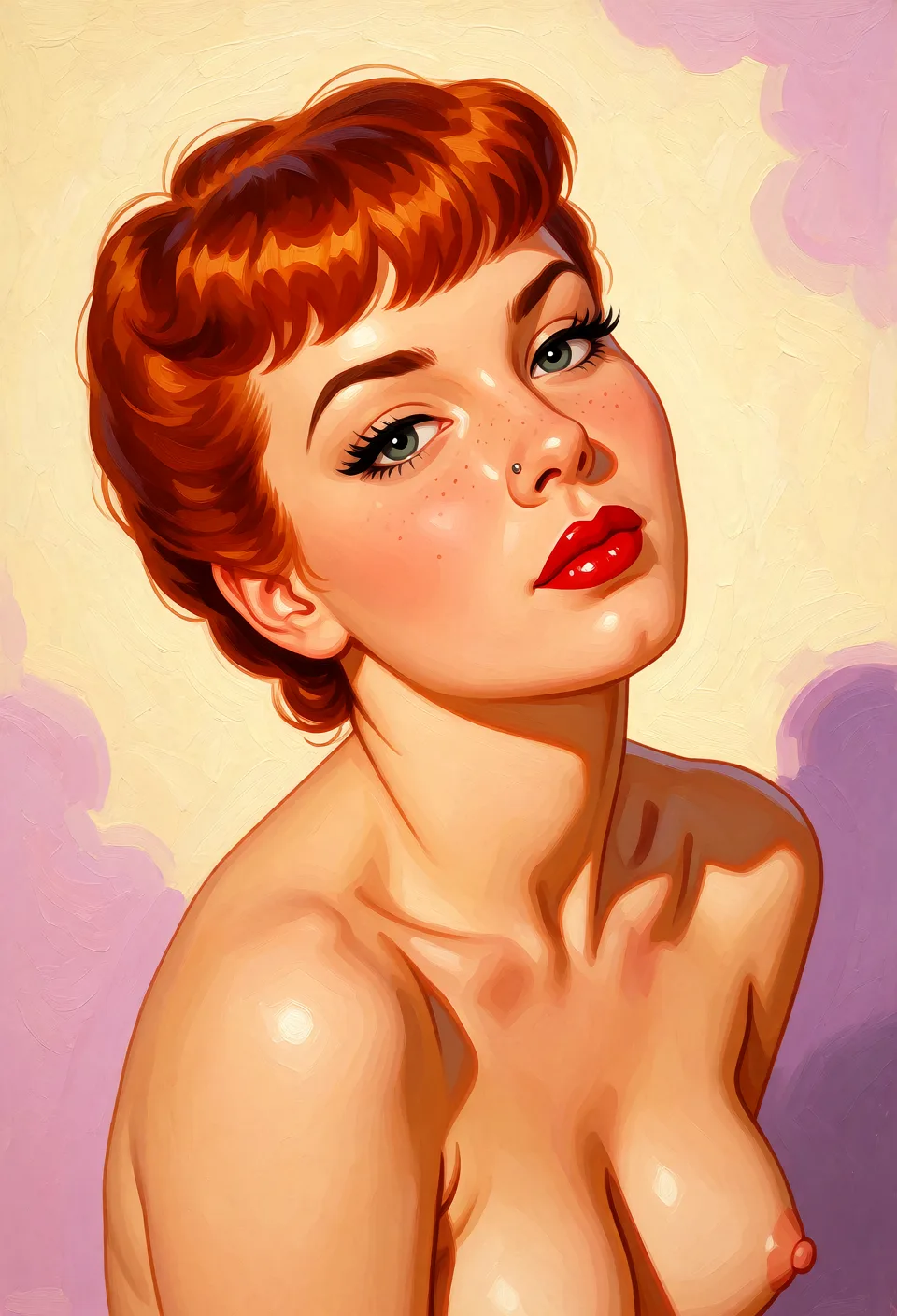 Redraw the entire picture as a retro pin-up illustration: smooth airbrushed gouache paint, warm saturated mid-century colour, clean confident outlines and glamorous stylised features, in the look of a 1950s pin-up poster. The background is painted in the same style. Nothing in the frame keeps its photographic appearance. Above all, the picture must show: omit facial piercings.