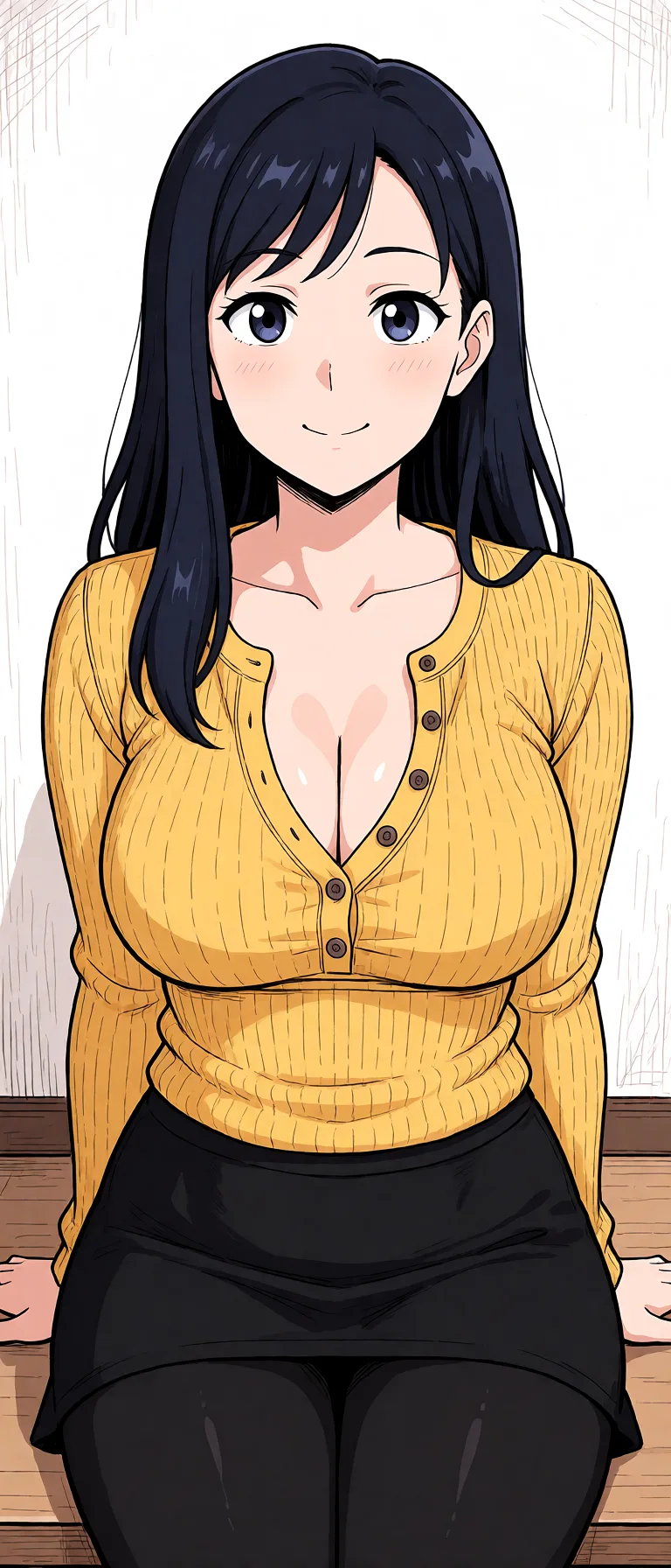 Redraw the entire picture as a hand-drawn anime illustration in flat cel-shaded anime style. It stays the same person with the same face, the same expression, the same hair and the same skin tone, and every other detail of the photograph is kept exactly as it is: nothing is added, removed, moved, uncovered or recoloured. Only the medium changes, and no part of the picture is left photographic. Above all, the picture must show: Boobs hanging out of bra wearing a mini skirt.