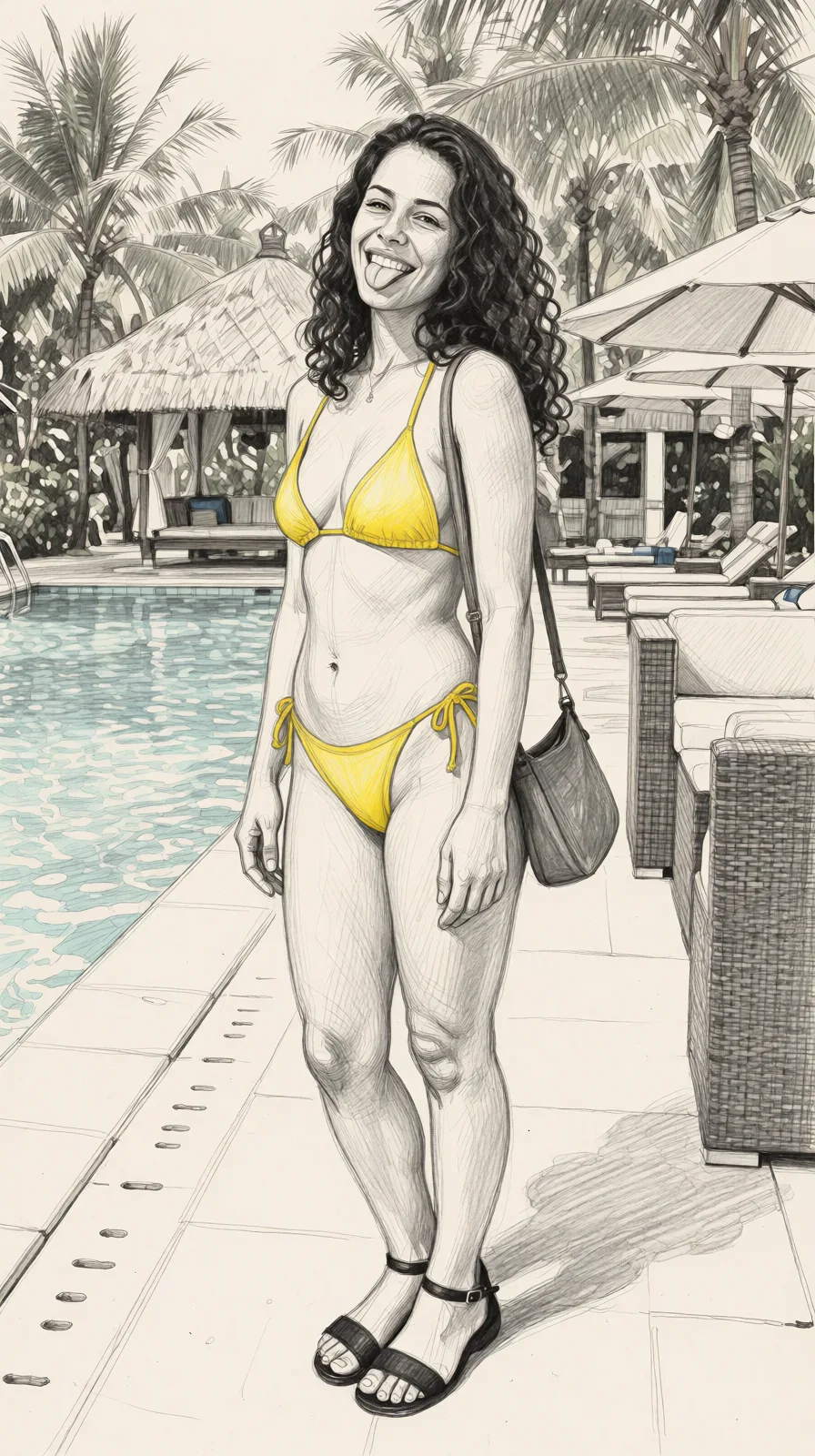 Redraw the entire picture as a hand-drawn graphite sketch on off-white paper: visible pencil strokes, cross-hatched shading, loose construction lines and no colour beyond the grey of the pencil and the tone of the paper. The background is drawn in the same style. Nothing in the frame keeps its photographic appearance. Above all, the picture must show: nude.