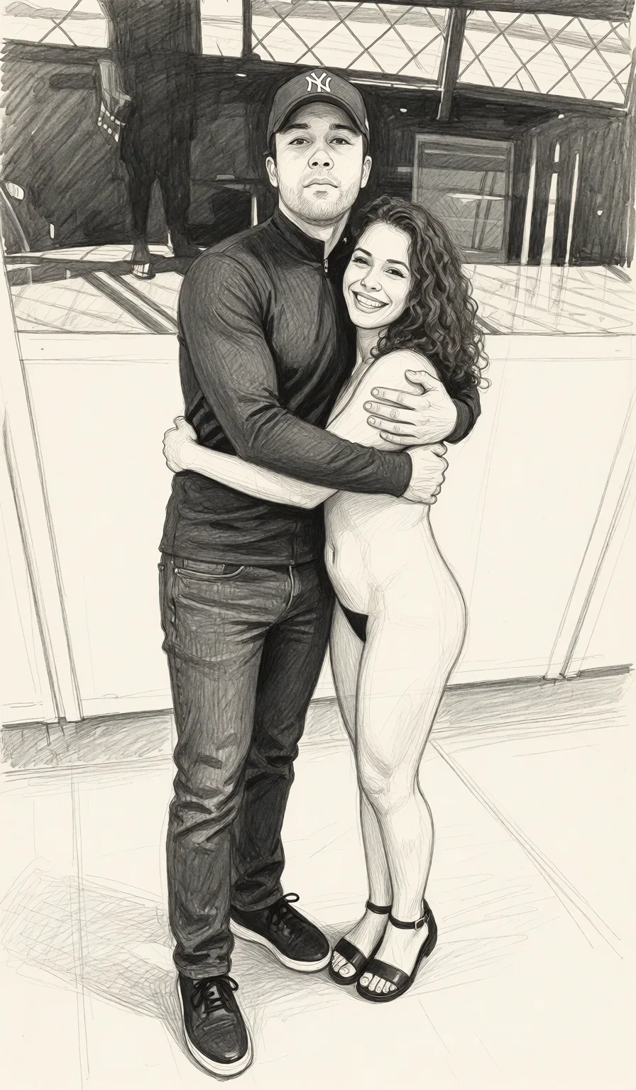 Redraw the entire picture as a hand-drawn graphite sketch on off-white paper: visible pencil strokes, cross-hatched shading, loose construction lines and no colour beyond the grey of the pencil and the tone of the paper. The background is drawn in the same style. Nothing in the frame keeps its photographic appearance. Above all, the picture must show: Undress guy.