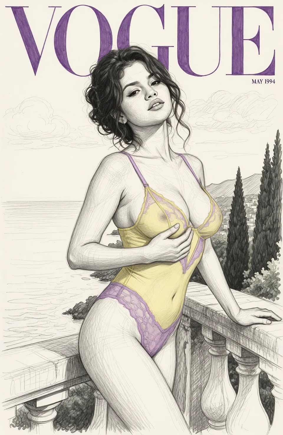 Redraw the entire picture as a hand-drawn graphite sketch on off-white paper: visible pencil strokes, cross-hatched shading, loose construction lines and no colour beyond the grey of the pencil and the tone of the paper. The background is drawn in the same style. Nothing in the frame keeps its photographic appearance. Above all, the picture must show: o — a pale-yellow micro two-piece in sheer mesh and lace, minimal coverage that bares the midriff and décolletage while keeping intimate anatomy covered — but it couldn't run: your account has insufficient credits for this edit.