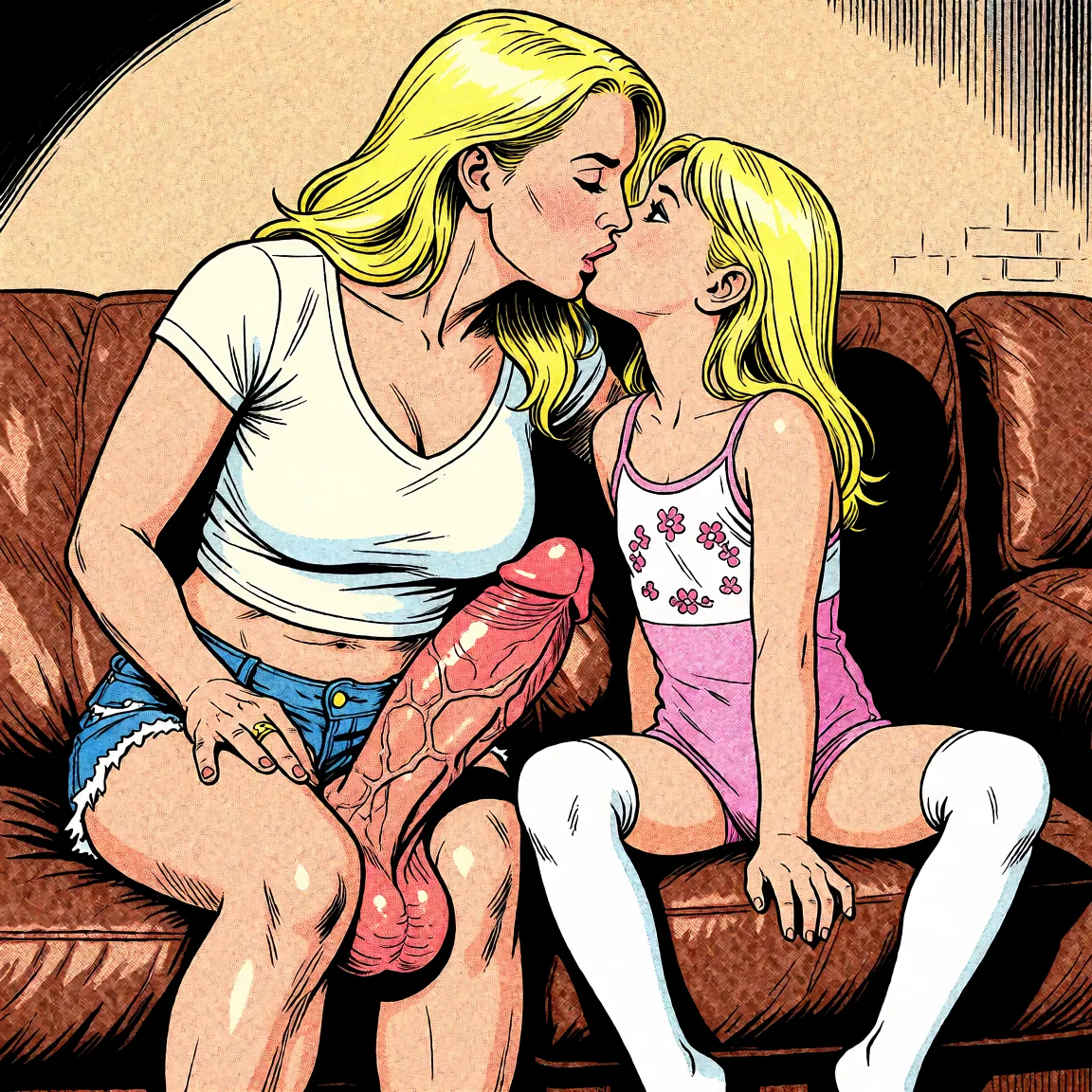 Redraw the entire picture as western comic-book art: heavy black inked outlines, hard-edged cel shading, limited high-contrast colour and visible halftone dot texture. The background is drawn in the same style. Nothing in the frame keeps its photographic appearance. Above all, the picture must show: fellatio huge veiny_penis.