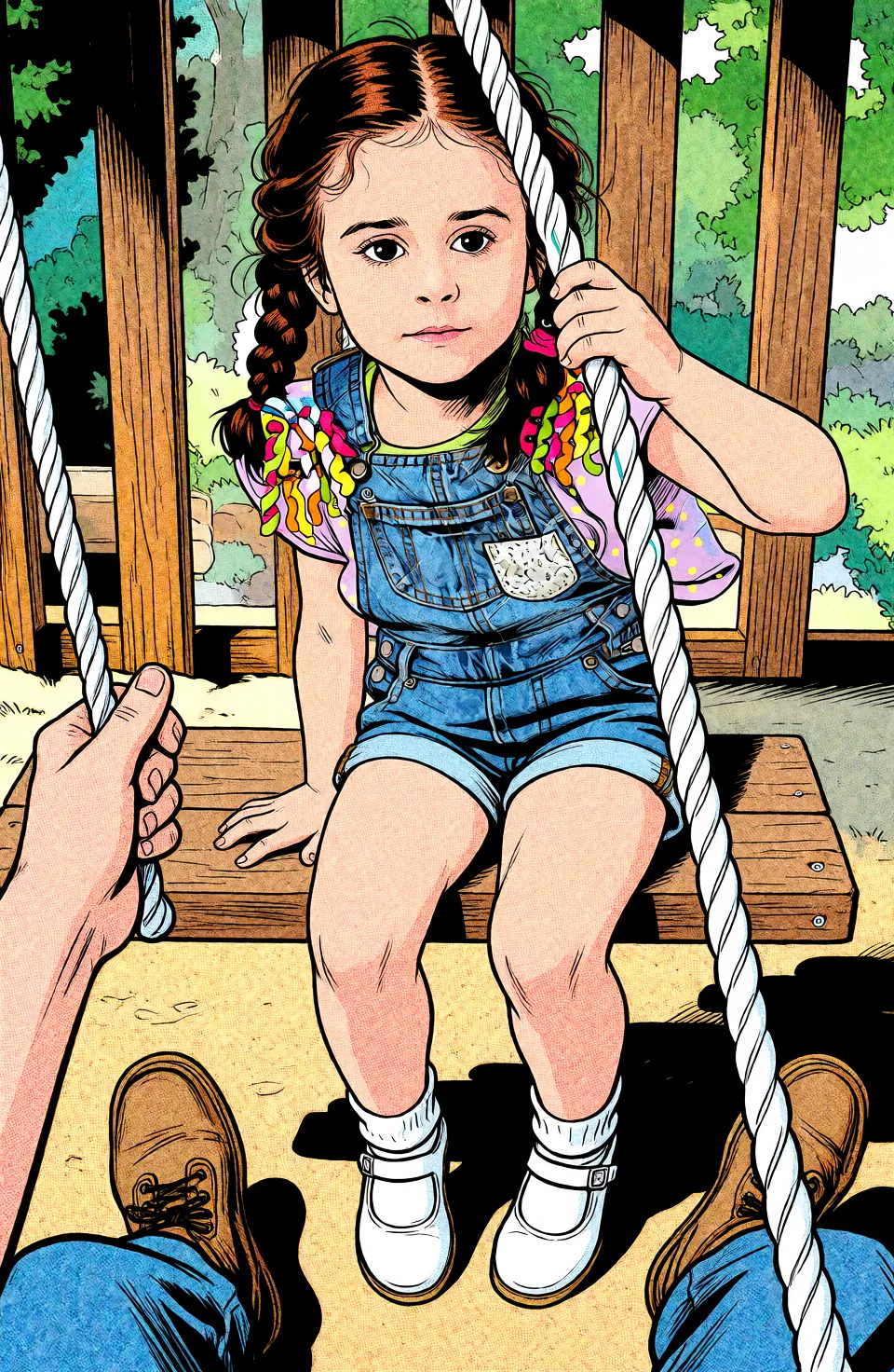 Redraw the entire picture as western comic-book art: heavy black inked outlines, hard-edged cel shading, limited high-contrast colour and visible halftone dot texture. The background is drawn in the same style. Nothing in the frame keeps its photographic appearance. Above all, the picture must show: anal pov.
