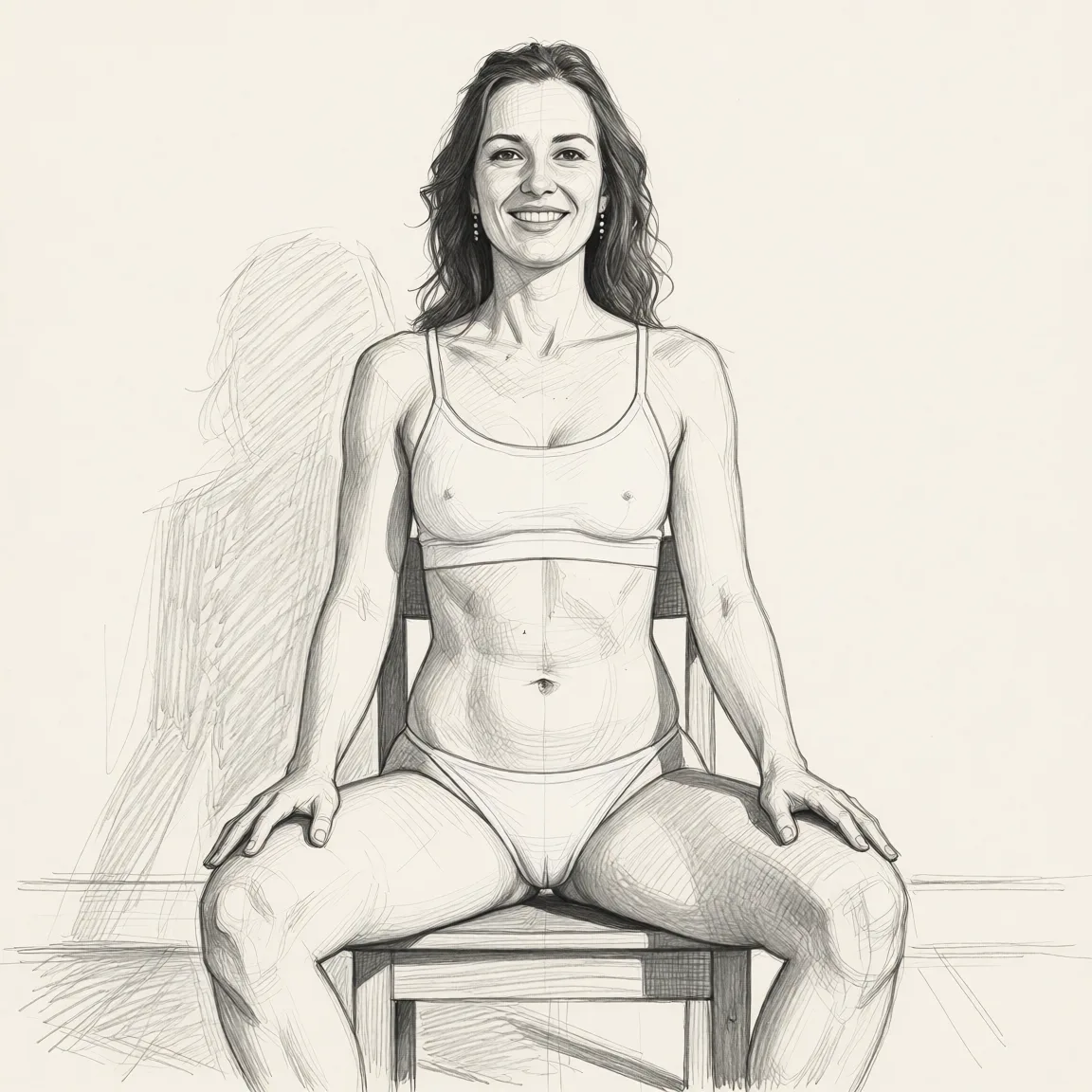 Redraw the entire picture as a hand-drawn graphite sketch on off-white paper: visible pencil strokes, cross-hatched shading, loose construction lines and no colour beyond the grey of the pencil and the tone of the paper. The background is drawn in the same style. Nothing in the frame keeps its photographic appearance. Above all, the picture must show: nipple_slip.