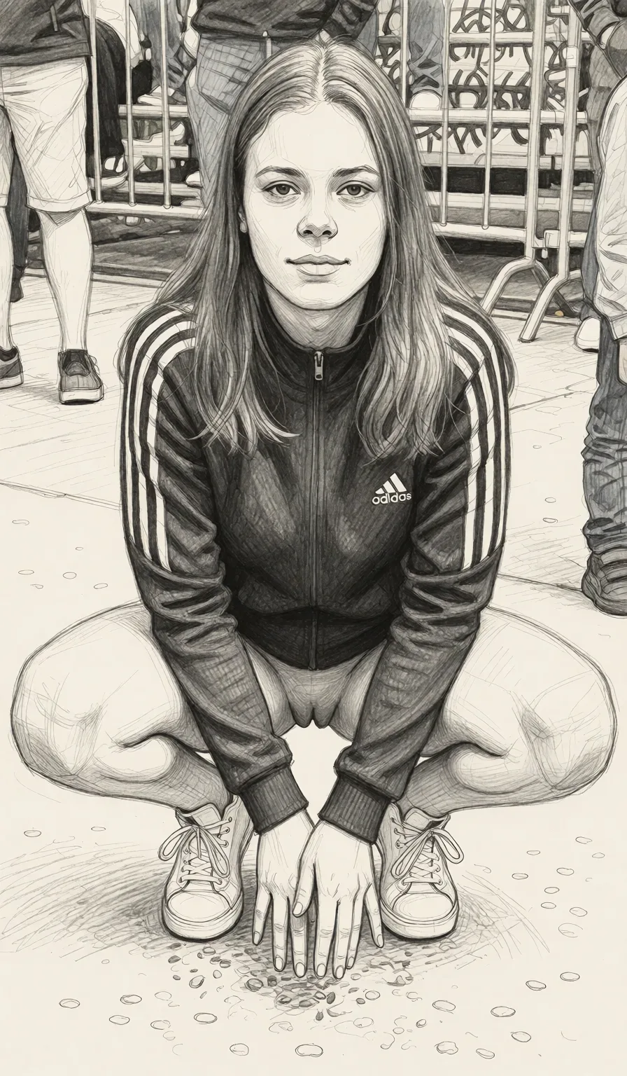 Redraw the entire picture as a hand-drawn graphite sketch on off-white paper: visible pencil strokes, cross-hatched shading, loose construction lines and no colour beyond the grey of the pencil and the tone of the paper. The background is drawn in the same style. Nothing in the frame keeps its photographic appearance. Above all, the picture must show: laying on her back legs wide open.