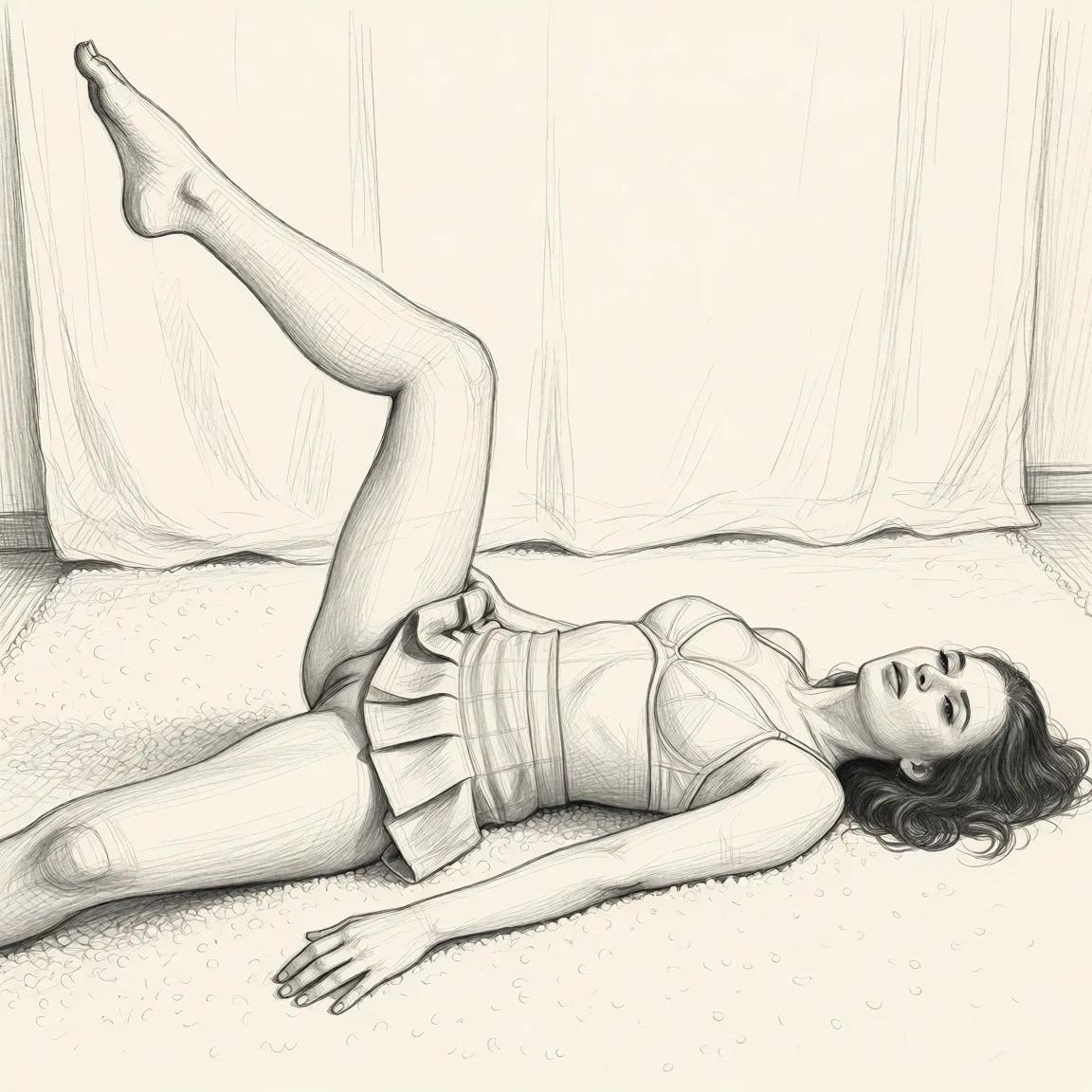 Redraw the entire picture as a hand-drawn graphite sketch on off-white paper: visible pencil strokes, cross-hatched shading, loose construction lines and no colour beyond the grey of the pencil and the tone of the paper. The background is drawn in the same style. Nothing in the frame keeps its photographic appearance. Above all, the picture must show: female_masturbation.