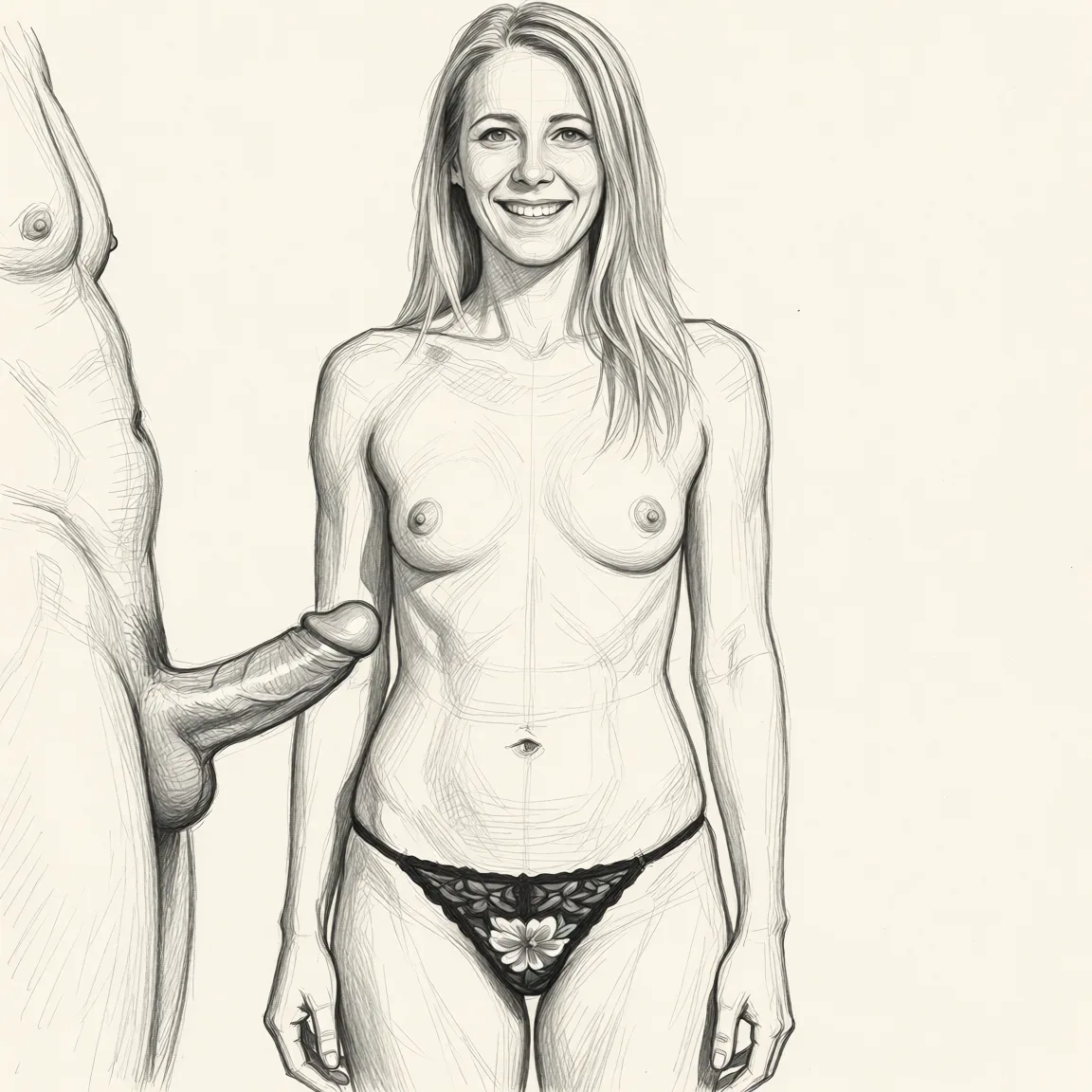 Redraw the entire picture as a hand-drawn graphite sketch on off-white paper: visible pencil strokes, cross-hatched shading, loose construction lines and no colour beyond the grey of the pencil and the tone of the paper. The background is drawn in the same style. Nothing in the frame keeps its photographic appearance. Above all, the picture must show: jerking a penis.