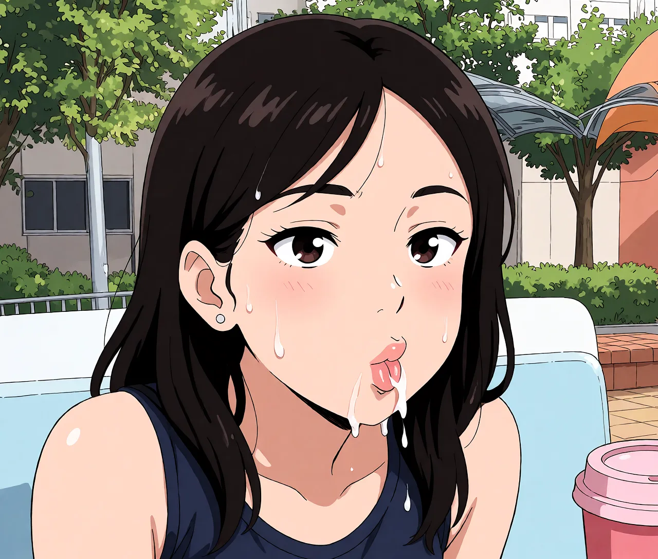 Redraw the entire picture as a hand-drawn anime illustration in flat cel-shaded anime style. It stays the same person with the same face, the same expression, the same hair and the same skin tone, and every other detail of the photograph is kept exactly as it is: nothing is added, removed, moved, uncovered or recoloured. Only the medium changes, and no part of the picture is left photographic. Above all, the picture must show: breast_sucking small_breasts.