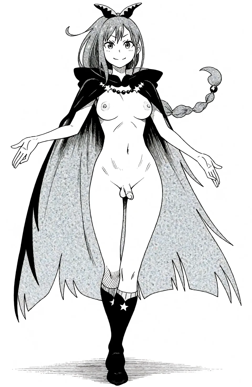 Redraw the entire picture as a black and white manga page: crisp black ink line art, no colour anywhere, flat halftone screentone shading, hatched shadows and clean white highlights, in the look of a printed manga panel. The background is drawn in the same style. Nothing in the frame keeps its photographic appearance. Above all, the picture must show: Undress her in that pose, she is Futanari with very small flaccid penis and balls, don't change style.