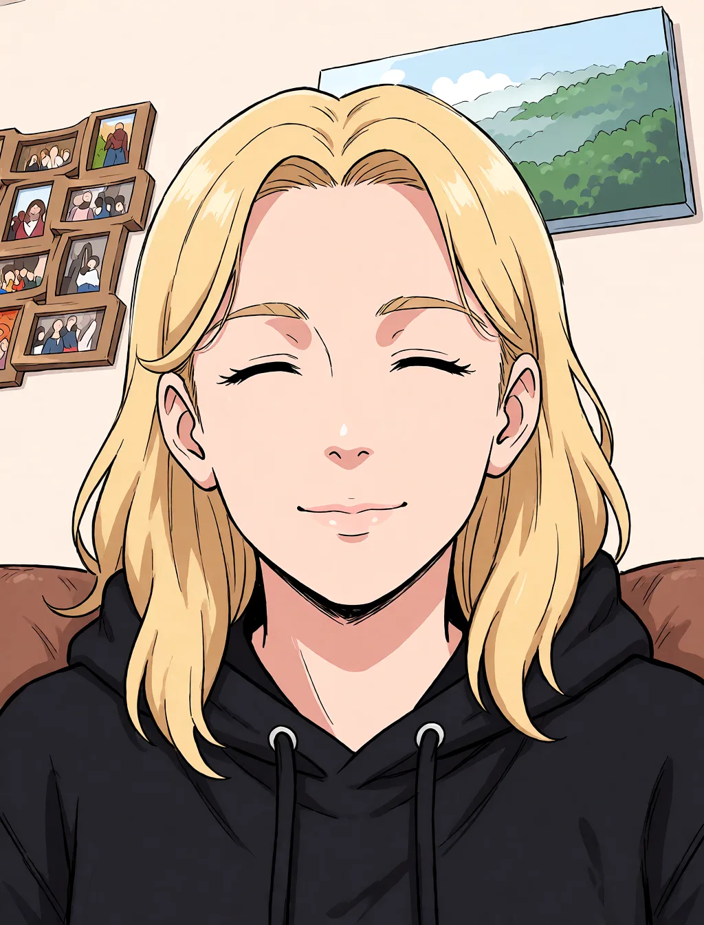 Redraw the entire picture as a hand-drawn anime illustration in flat cel-shaded anime style. It stays the same person with the same face, the same expression, the same hair and the same skin tone, and every other detail of the photograph is kept exactly as it is: nothing is added, removed, moved, uncovered or recoloured. Only the medium changes, and no part of the picture is left photographic. Above all, the picture must show: nude.