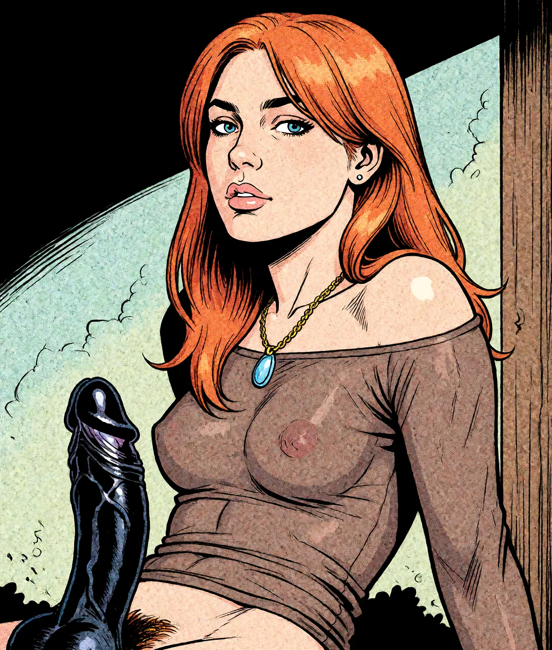 Redraw the entire picture as western comic-book art: heavy black inked outlines, hard-edged cel shading, limited high-contrast colour and visible halftone dot texture. The background is drawn in the same style. Nothing in the frame keeps its photographic appearance. Above all, the picture must show: Sucking black penis.
