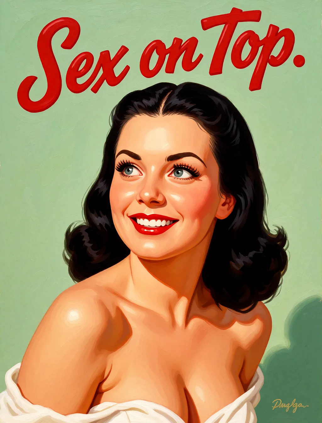 Redraw the entire picture as a retro pin-up illustration: smooth airbrushed gouache paint, warm saturated mid-century colour, clean confident outlines and glamorous stylised features, in the look of a 1950s pin-up poster. The background is painted in the same style. Nothing in the frame keeps its photographic appearance. Above all, the picture must show: Sex on top.