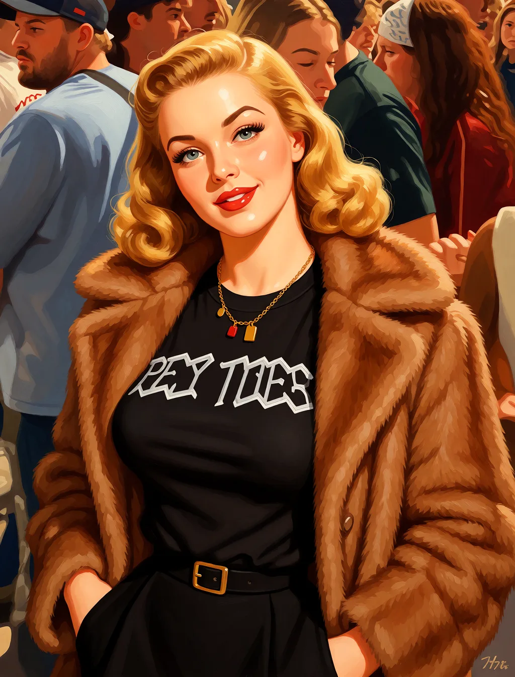 Redraw the entire picture as a retro pin-up illustration: smooth airbrushed gouache paint, warm saturated mid-century colour, clean confident outlines and glamorous stylised features, in the look of a 1950s pin-up poster. The background is painted in the same style. Nothing in the frame keeps its photographic appearance. Above all, the picture must show: Fur coat on, big tits out.