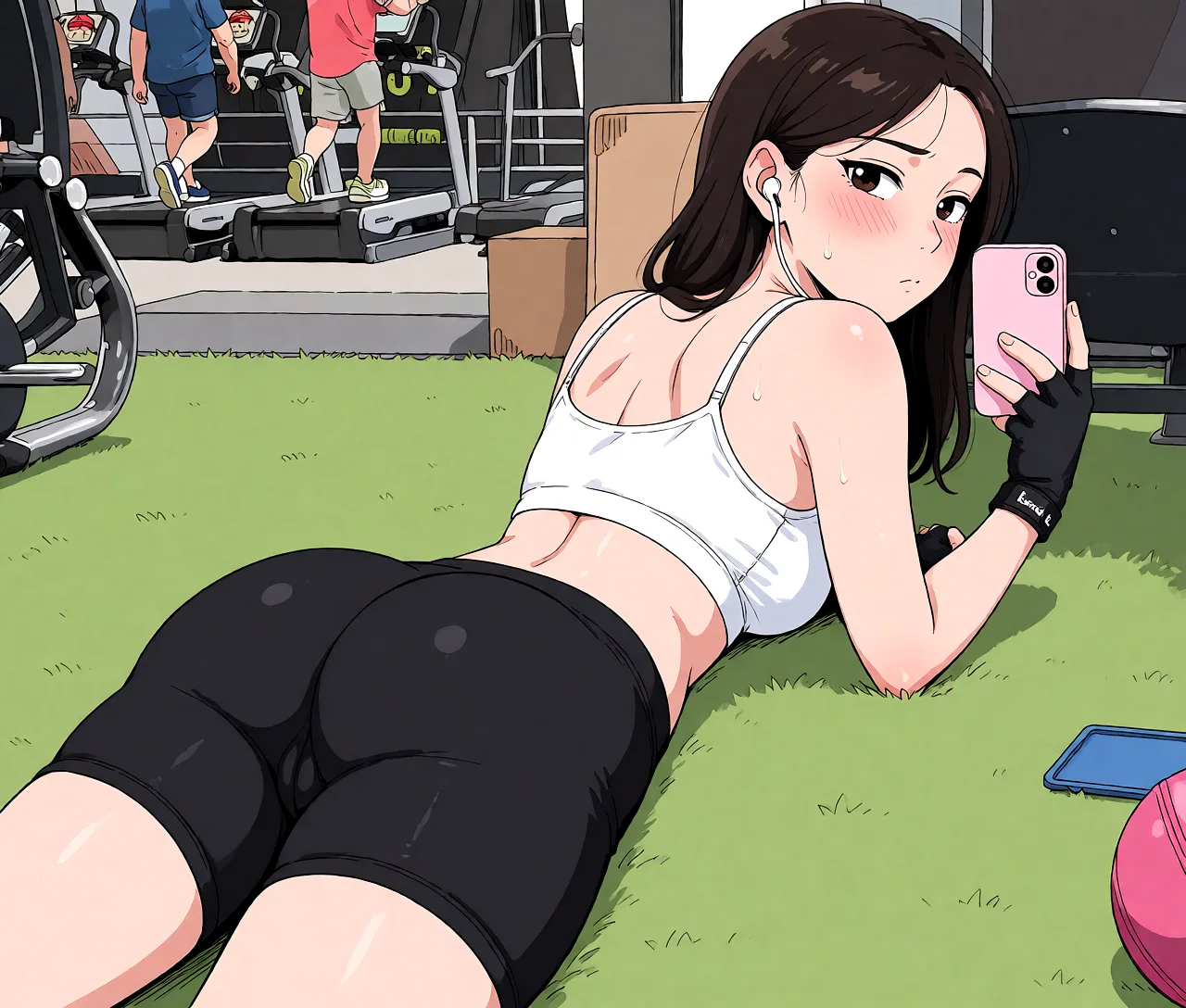 Redraw the entire picture as a hand-drawn anime illustration in flat cel-shaded anime style. It stays the same person with the same face, the same expression, the same hair and the same skin tone, and every other detail of the photograph is kept exactly as it is: nothing is added, removed, moved, uncovered or recoloured. Only the medium changes, and no part of the picture is left photographic. Above all, the picture must show:woman lying on her stomach, looking back, wearing tight bike shorts, round ass, blushing.