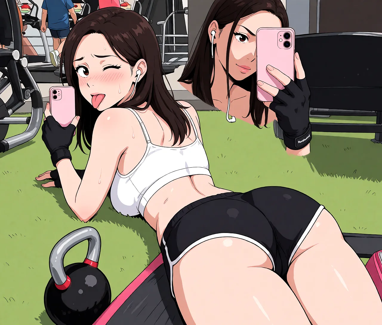 Redraw the entire picture as a hand-drawn anime illustration in flat cel-shaded anime style. It stays the same person with the same face, the same expression, the same hair and the same skin tone, and every other detail of the photograph is kept exactly as it is: nothing is added, removed, moved, uncovered or recoloured. Only the medium changes, and no part of the picture is left photographic. Above all, the picture must show:woman lying on her stomach, looking back, round ass, flustered, wink, showing tongue.