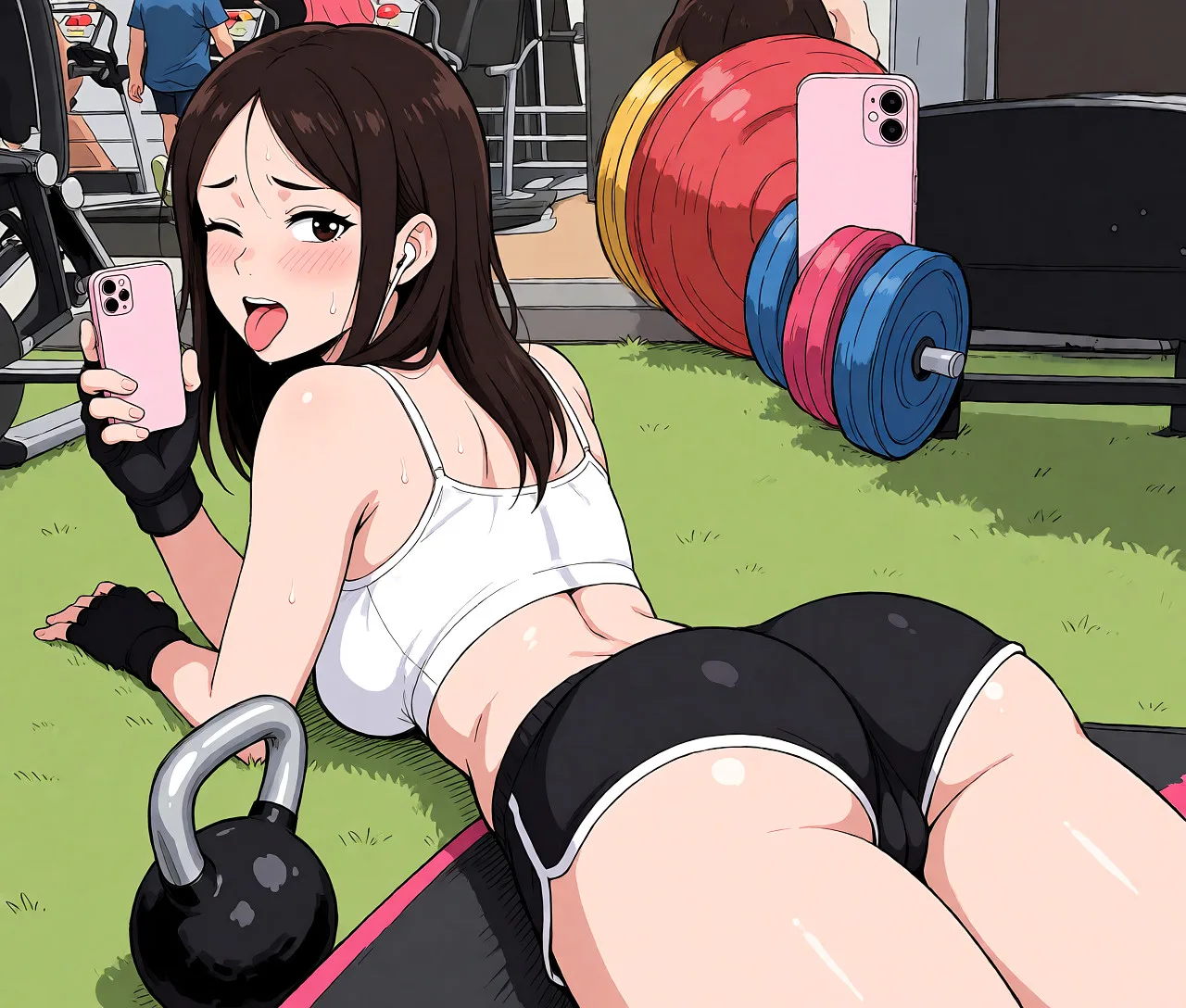Redraw the entire picture as a hand-drawn anime illustration in flat cel-shaded anime style. It stays the same person with the same face, the same expression, the same hair and the same skin tone, and every other detail of the photograph is kept exactly as it is: nothing is added, removed, moved, uncovered or recoloured. Only the medium changes, and no part of the picture is left photographic. Above all, the picture must show:woman lying on her stomach, looking back, round ass, flustered, wink, teasing look, showing tongue.