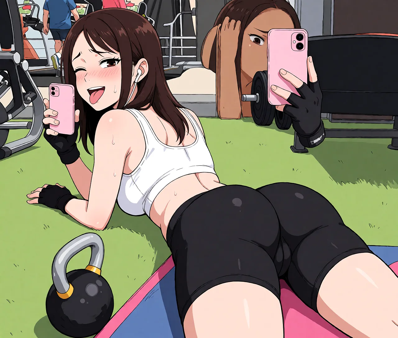 Redraw the entire picture as a hand-drawn anime illustration in flat cel-shaded anime style. It stays the same person with the same face, the same expression, the same hair and the same skin tone, and every other detail of the photograph is kept exactly as it is: nothing is added, removed, moved, uncovered or recoloured. Only the medium changes, and no part of the picture is left photographic. Above all, the picture must show:woman lying on her stomach, looking back, round ass, flustered, teasing smile, wink, showing tongue, bike shorts.