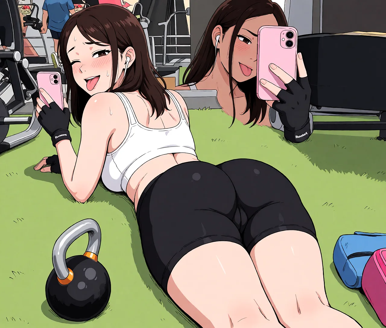 Redraw the entire picture as a hand-drawn anime illustration in flat cel-shaded anime style. It stays the same person with the same face, the same expression, the same hair and the same skin tone, and every other detail of the photograph is kept exactly as it is: nothing is added, removed, moved, uncovered or recoloured. Only the medium changes, and no part of the picture is left photographic. Above all, the picture must show:woman lying on her stomach, looking back, round ass, flustered, teasing smile, wink, showing tongue, bike shorts, legs together.