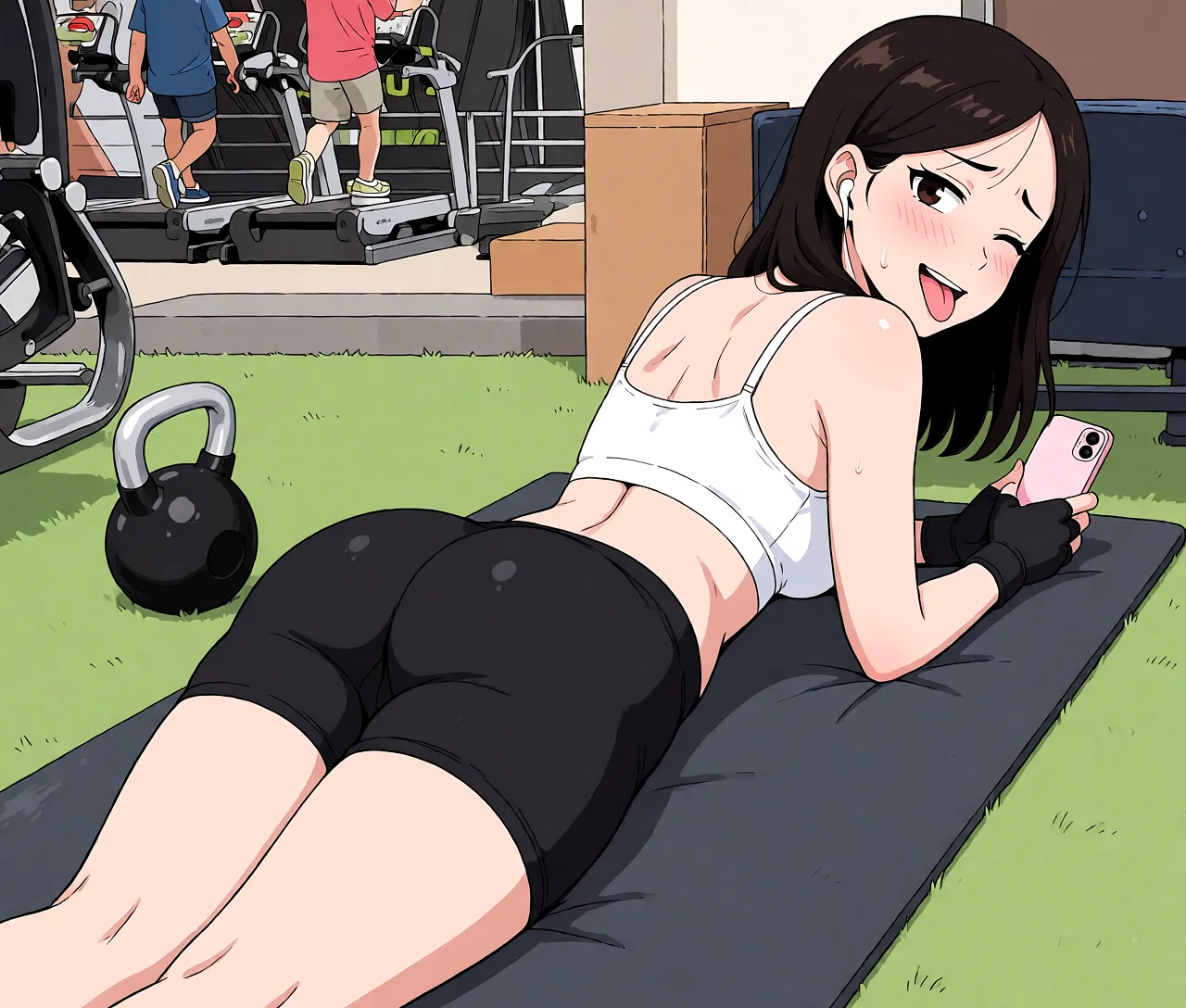 Redraw the entire picture as a hand-drawn anime illustration in flat cel-shaded anime style. It stays the same person with the same face, the same expression, the same hair and the same skin tone, and every other detail of the photograph is kept exactly as it is: nothing is added, removed, moved, uncovered or recoloured. Only the medium changes, and no part of the picture is left photographic. Above all, the picture must show:woman lying on her stomach in the right side of screen, looking back, round ass, flustered, teasing smile, wink, showing tongue, bike shorts, legs together.