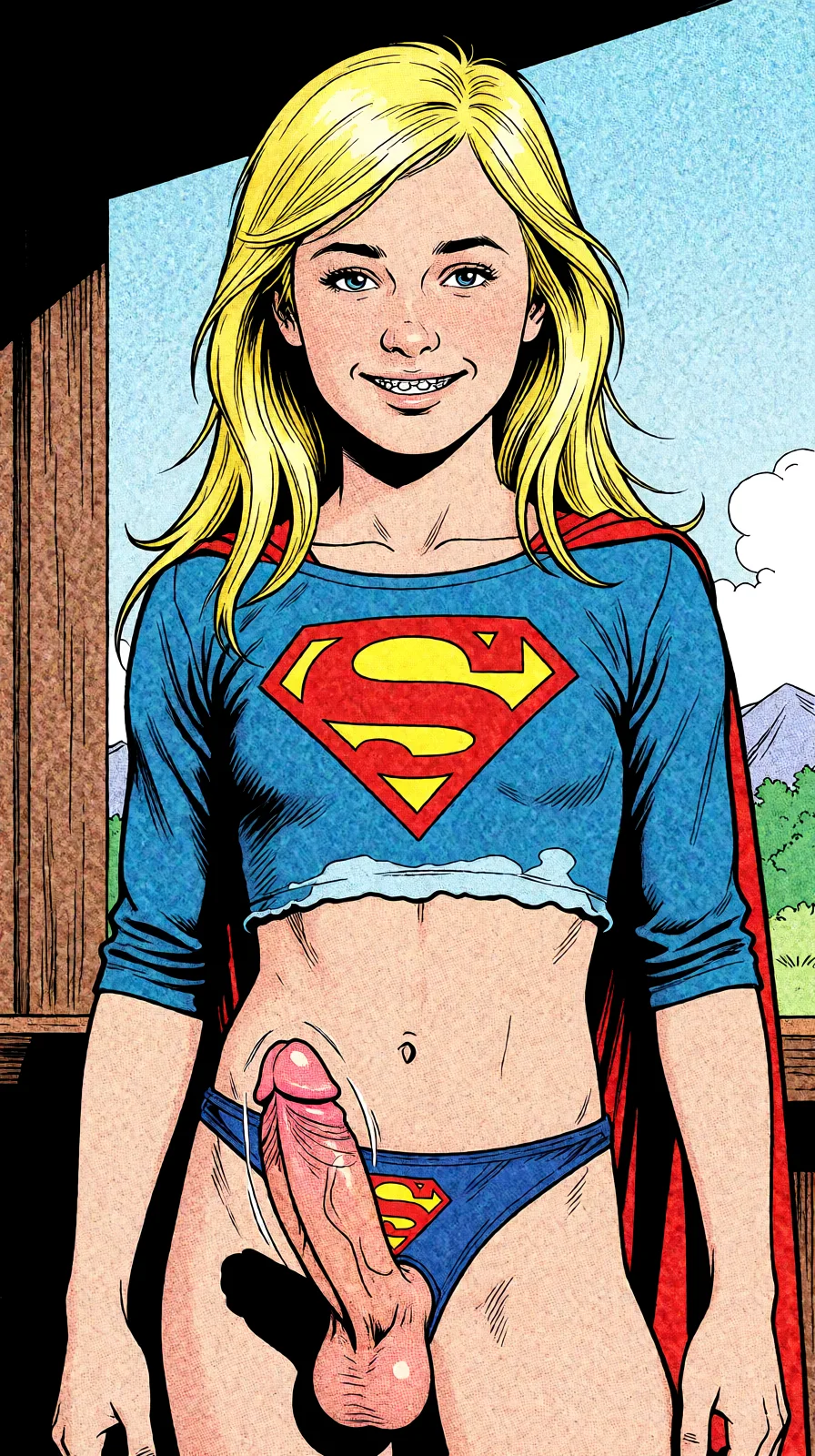 Redraw the entire picture as western comic-book art: heavy black inked outlines, hard-edged cel shading, limited high-contrast colour and visible halftone dot texture. The background is drawn in the same style. Nothing in the frame keeps its photographic appearance. Above all, the picture must show: huge_penis trembling.