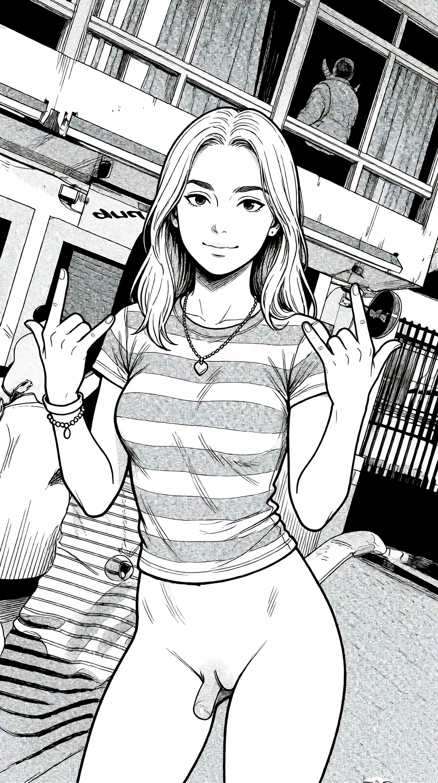 Redraw the entire picture as a black and white manga page: crisp black ink line art, no colour anywhere, flat halftone screentone shading, hatched shadows and clean white highlights, in the look of a printed manga panel. The background is drawn in the same style. Nothing in the frame keeps its photographic appearance. Above all, the picture must show: I want him in nude.