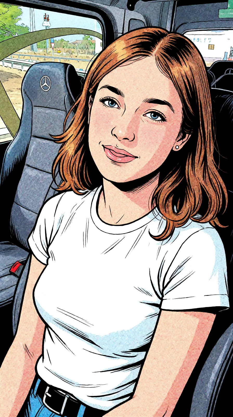 Redraw the entire picture as western comic-book art: heavy black inked outlines, hard-edged cel shading, limited high-contrast colour and visible halftone dot texture. The background is drawn in the same style. Nothing in the frame keeps its photographic appearance. Above all, the picture must show: nude petite pectorals.
