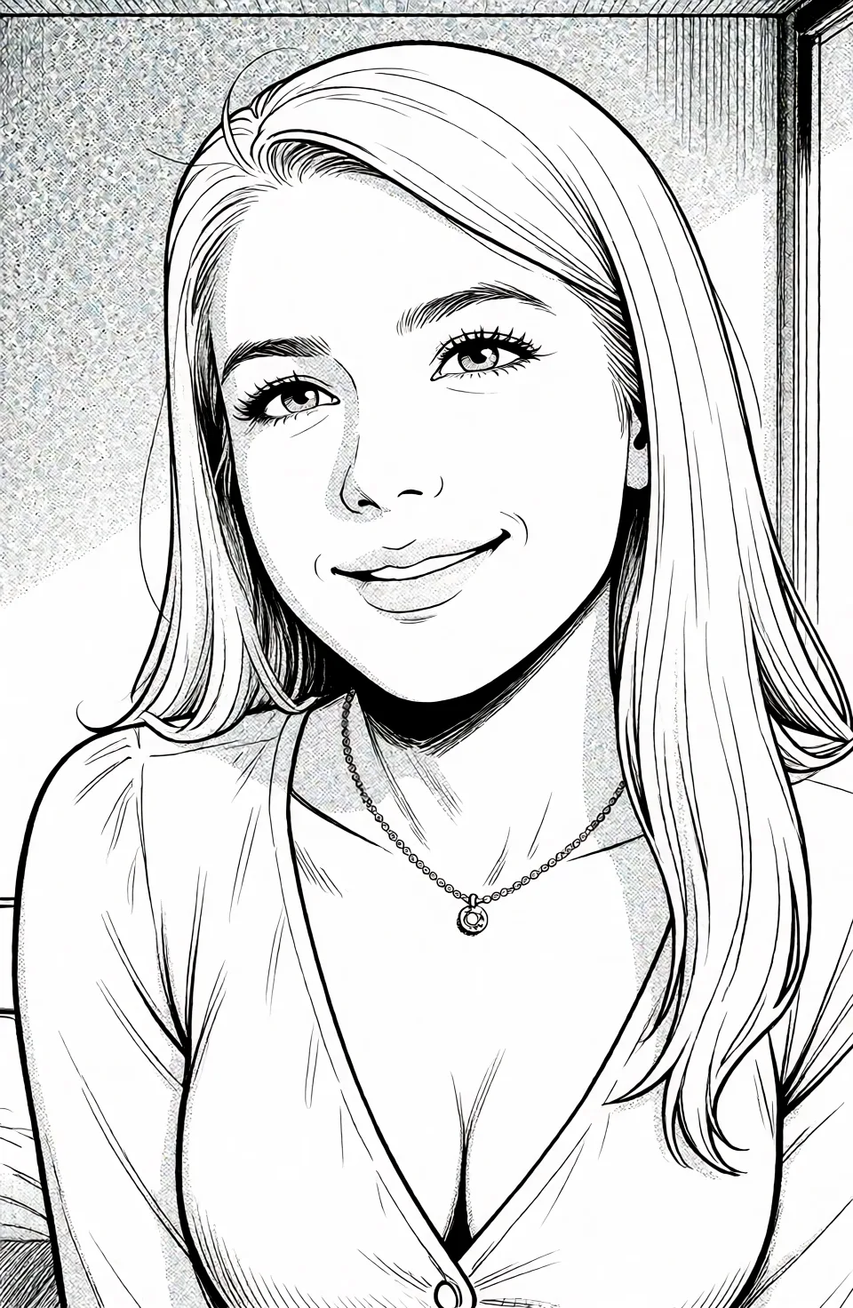 Redraw the entire picture as a black and white manga page: crisp black ink line art, no colour anywhere, flat halftone screentone shading, hatched shadows and clean white highlights, in the look of a printed manga panel. The background is drawn in the same style. Nothing in the frame keeps its photographic appearance. Above all, the picture must show: Blowjob.