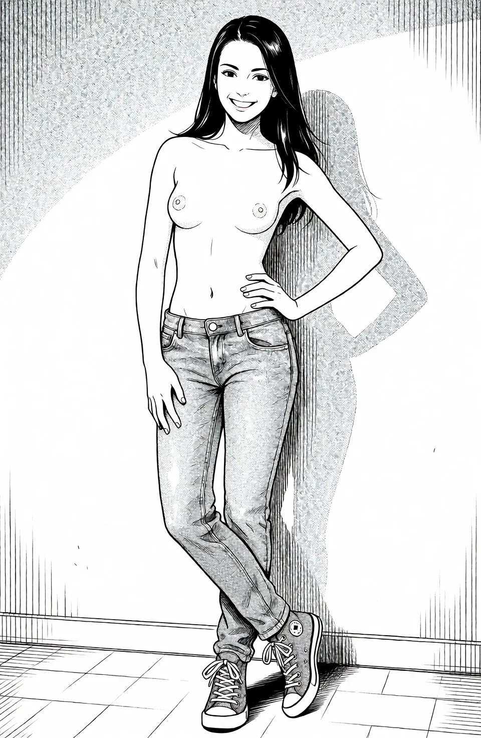 Redraw the entire picture as a black and white manga page: crisp black ink line art, no colour anywhere, flat halftone screentone shading, hatched shadows and clean white highlights, in the look of a printed manga panel. The background is drawn in the same style. Nothing in the frame keeps its photographic appearance. Above all, the picture must show: nude.