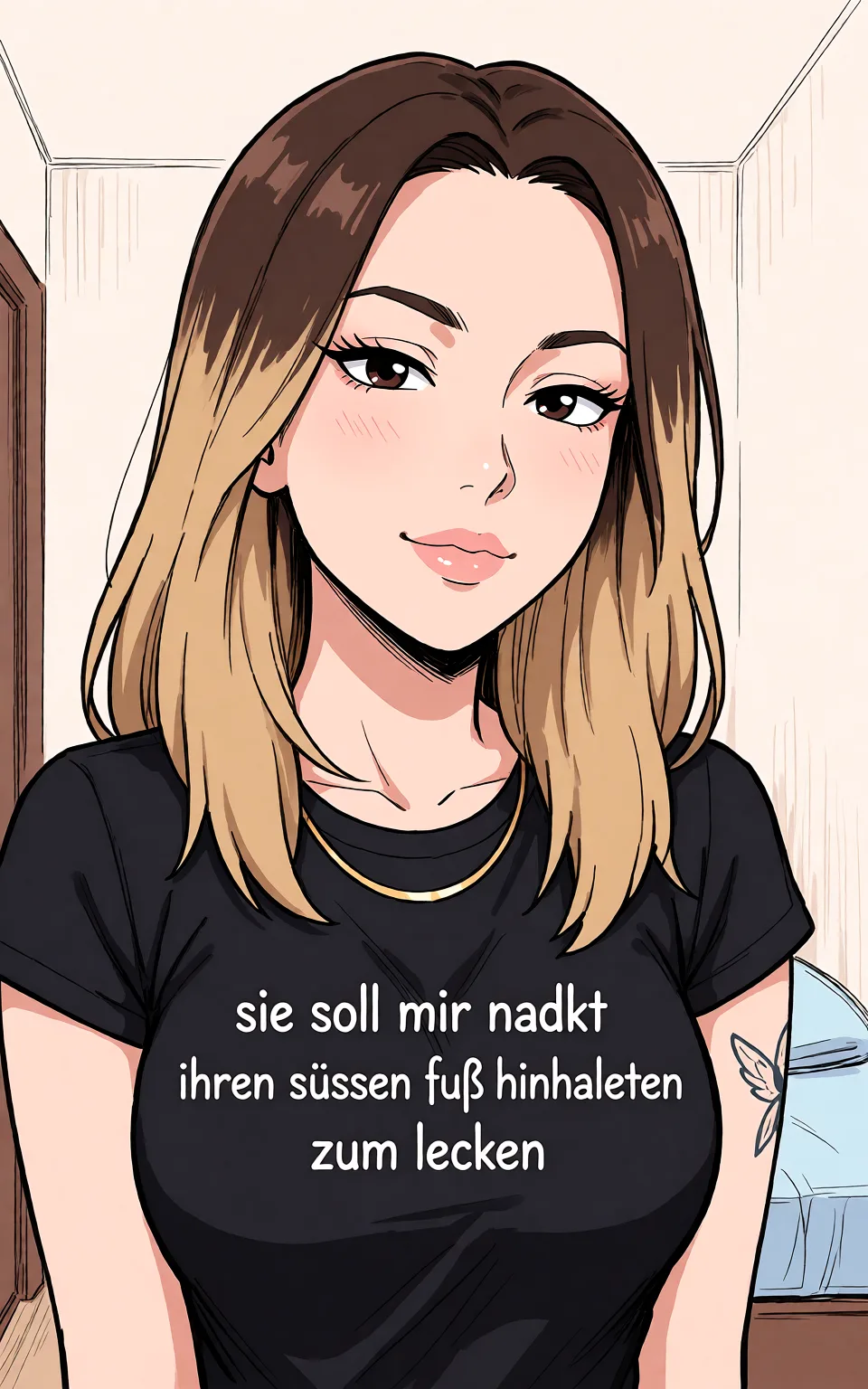 Redraw the entire picture as a hand-drawn anime illustration in flat cel-shaded anime style. It stays the same person with the same face, the same expression, the same hair and the same skin tone, and every other detail of the photograph is kept exactly as it is: nothing is added, removed, moved, uncovered or recoloured. Only the medium changes, and no part of the picture is left photographic. Above all, the picture must show: sie soll mir nackt ihren süssen fuß hinhalten zum lecken.